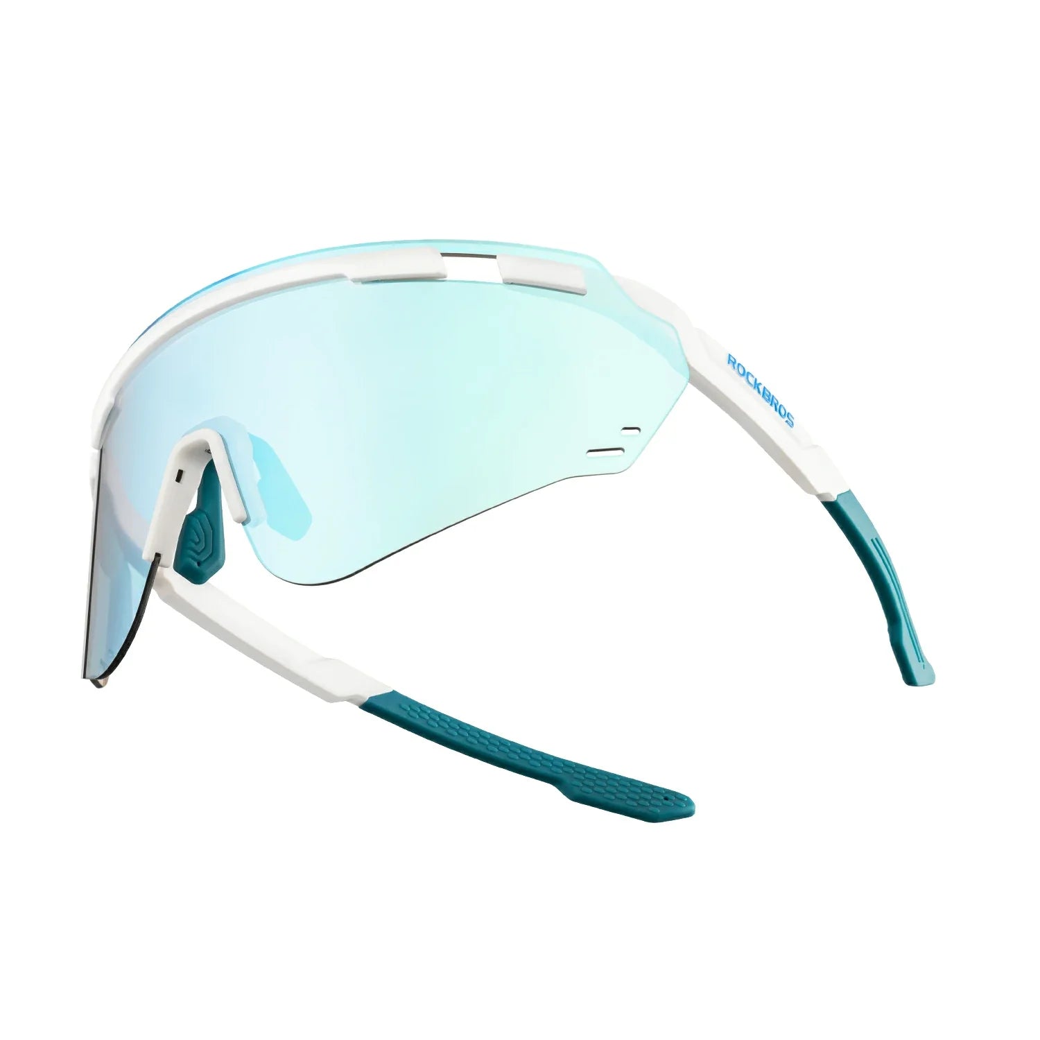 Sport sunglasses with a white frame, teal temple tips, and a light blue mirrored lens, shown on a plain white background. #Color_Blue