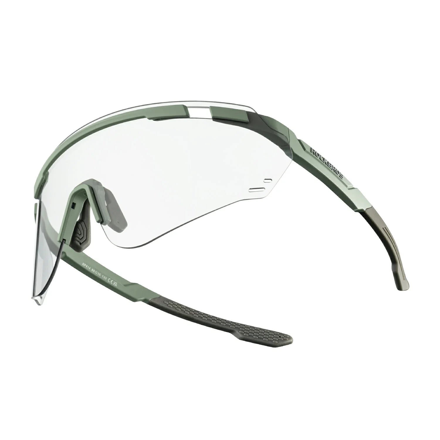 Safety glasses with a matte olive green frame and a clear shield lens, shown from a side profile on a white background. #Color_Gray