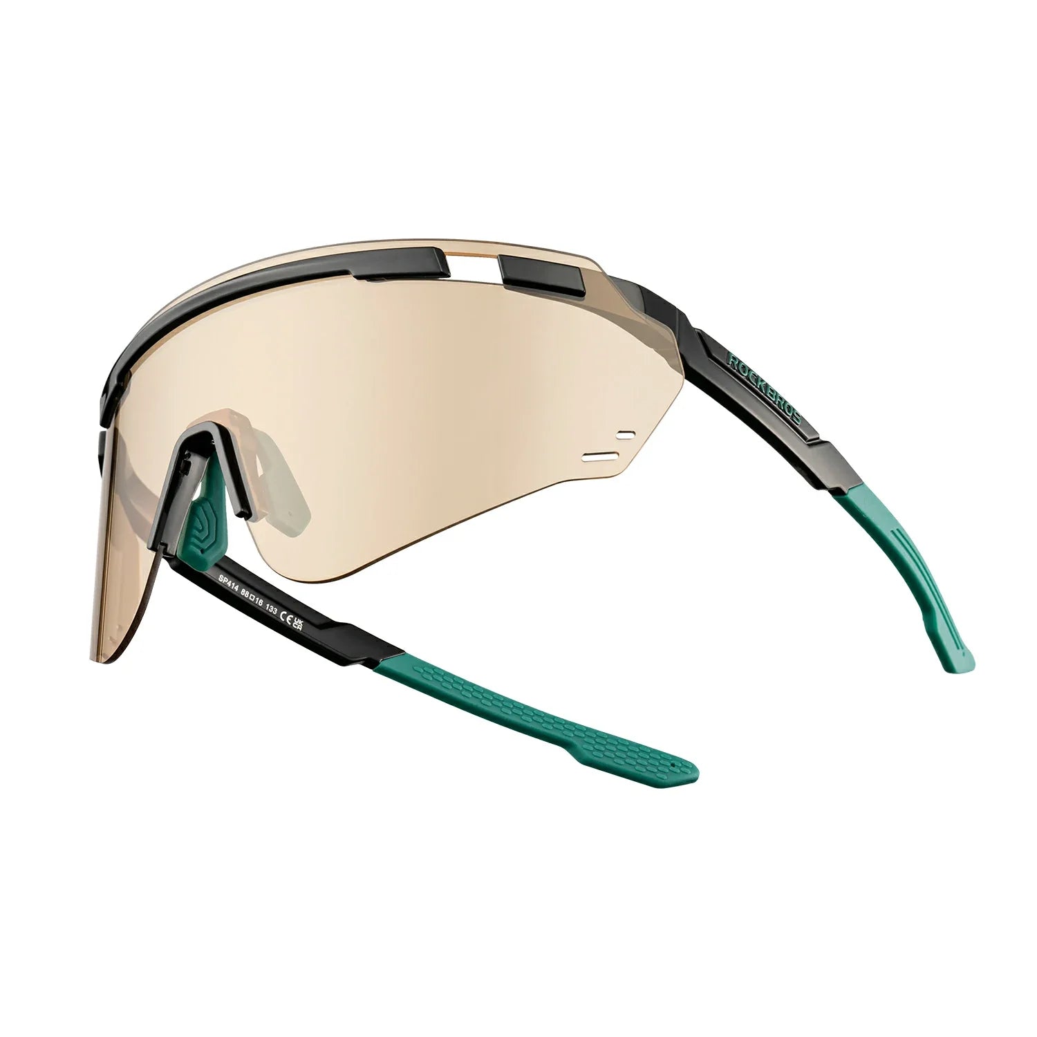 Sport sunglasses with a large shield lens, black and gray frame, and teal arms, shown on a plain white background. #Color_Tea Brown