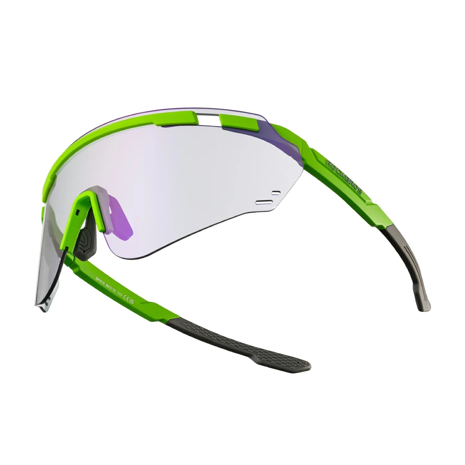 Sport sunglasses with a bright lime green frame, a large shield-style clear lens, and dark gray temple tips, shown on a plain white background. #Color_Purple