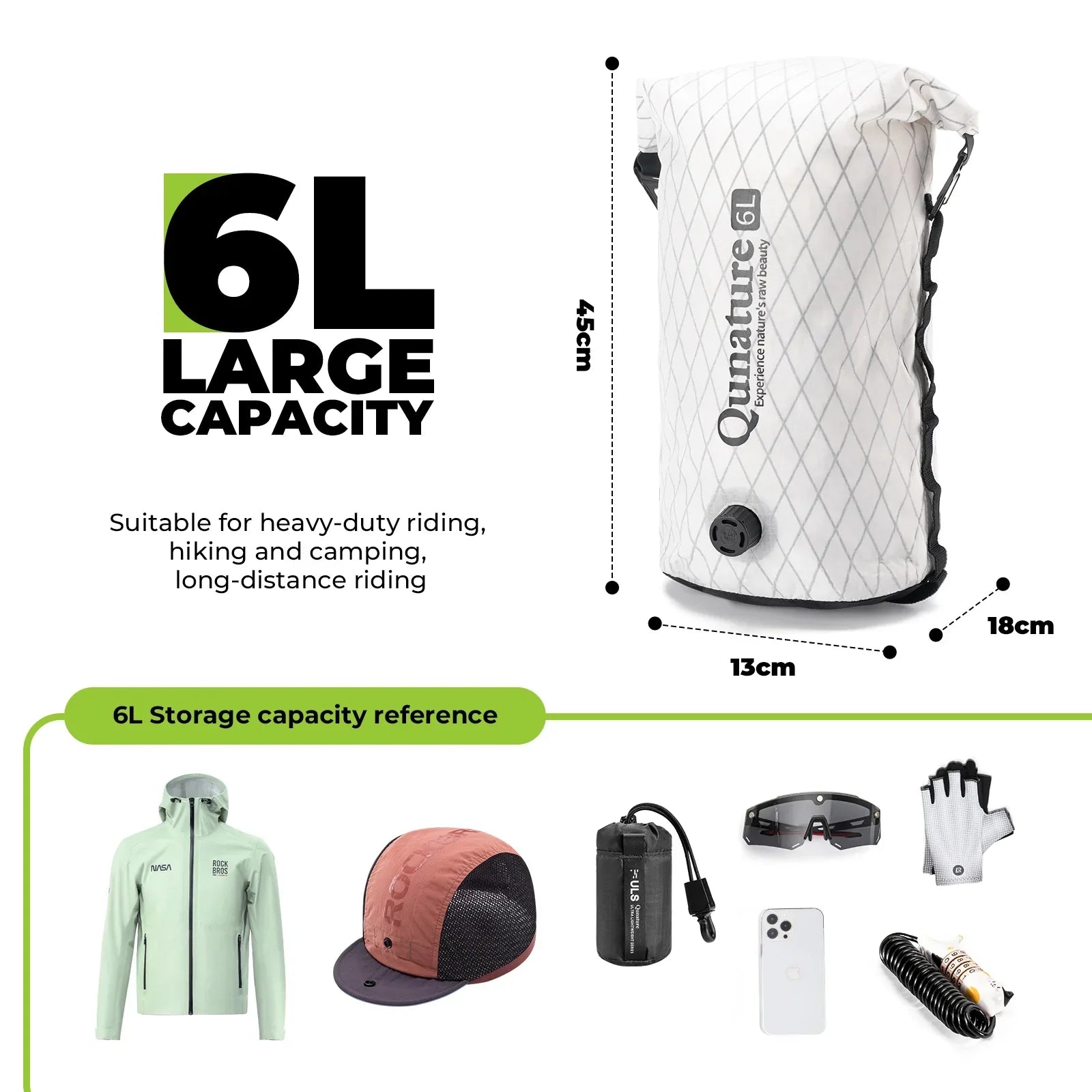 White dry bag with 6L capacity, dimensions, and reference items on a white background #color_white size_6L