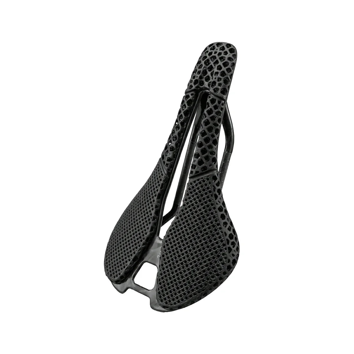 Black bicycle saddle with textured design on a white background