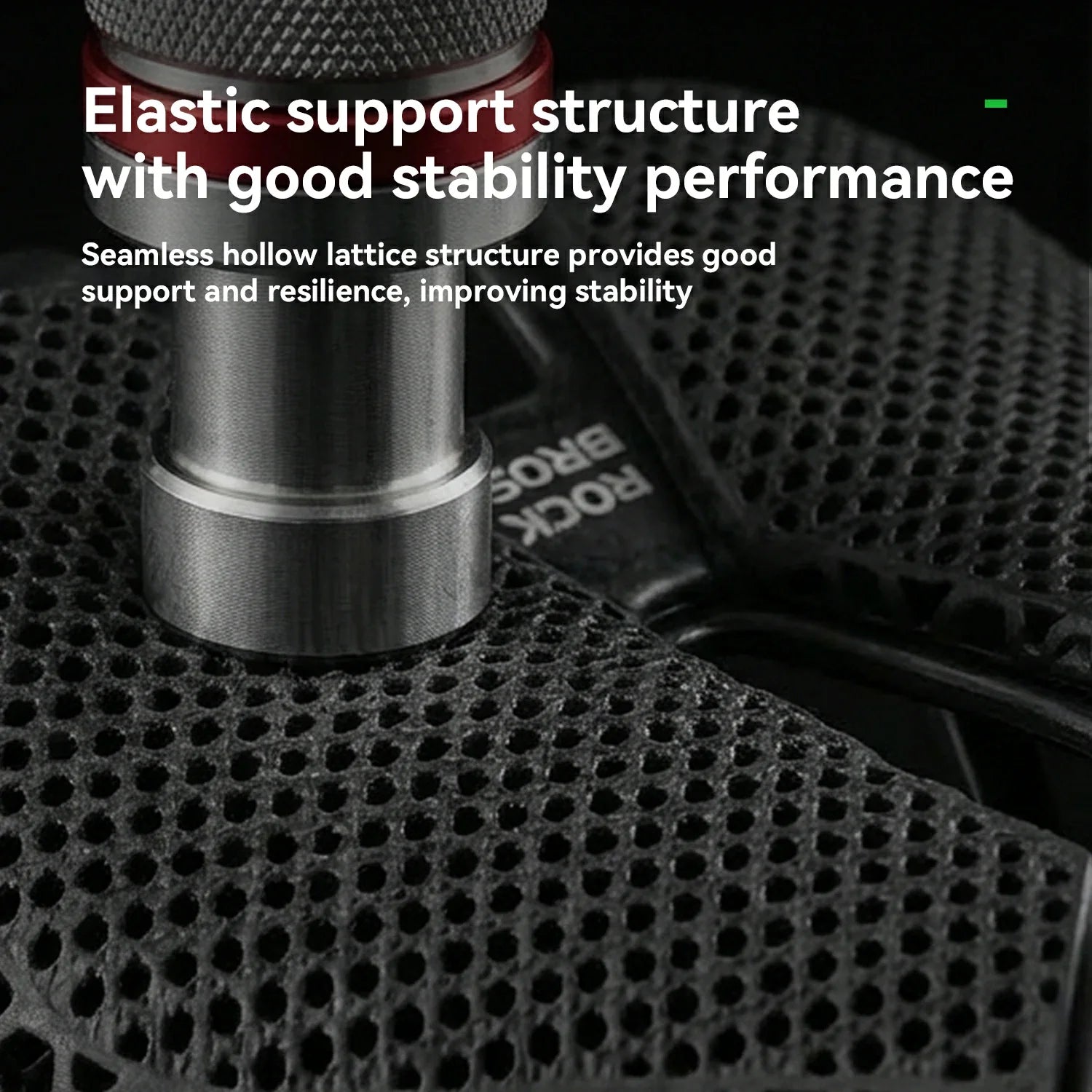 Close-up of a microphone with text about elastic support structure and stability performance.