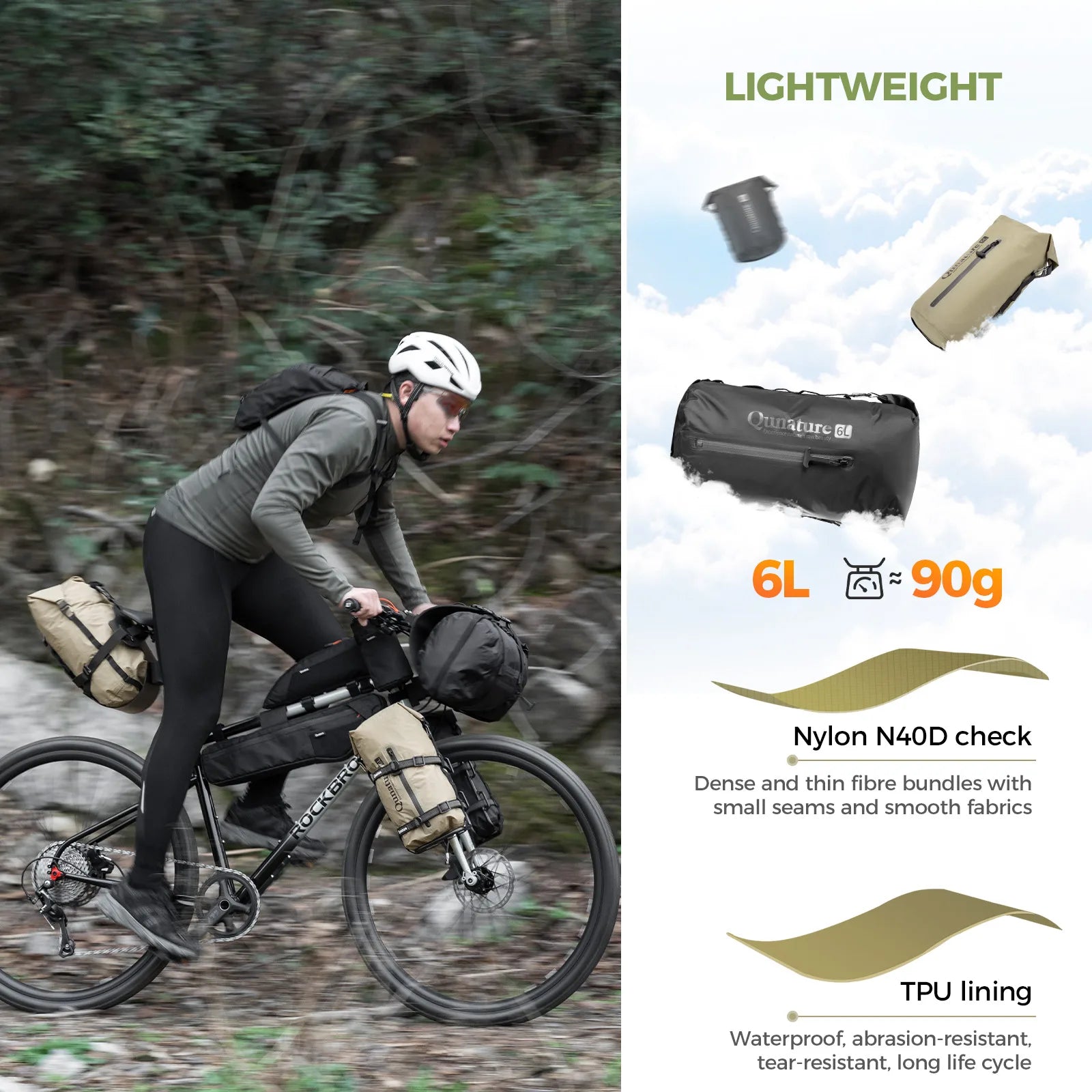 Person riding a bicycle with backpacks on a trail, alongside product features and specifications.