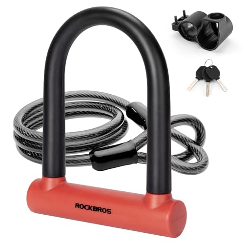 Red and black bike lock with coiled cable and keys on a white background  #color_red Type_Lock+Cable