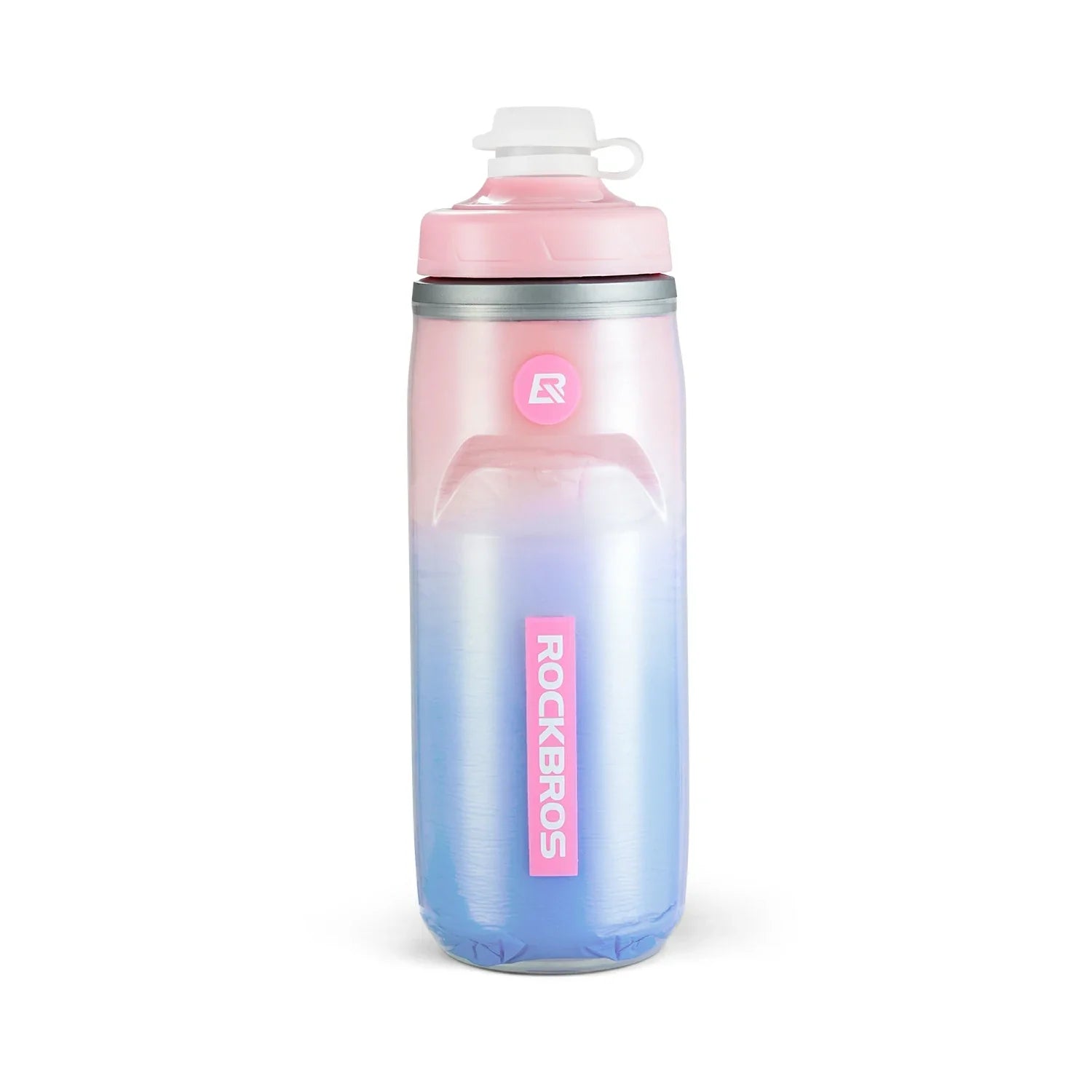 Gradient pink to blue water bottle with 'Rockbros' logo on a white background #Color_Pink