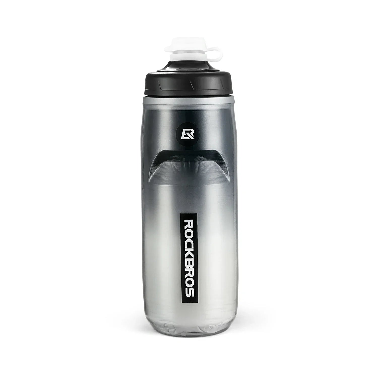 Clear water bottle with black lid and RockBros logo on a white background #Color_Black