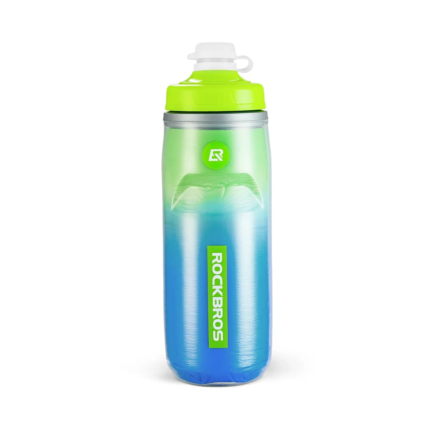 Blue and green water bottle with a white cap on a white background, featuring the RockBros brand. #Color_Green