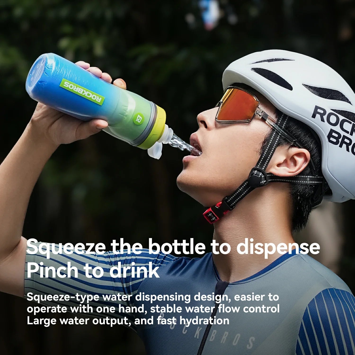 Person wearing a helmet and sunglasses, drinking from a water bottle with text on how to use it.