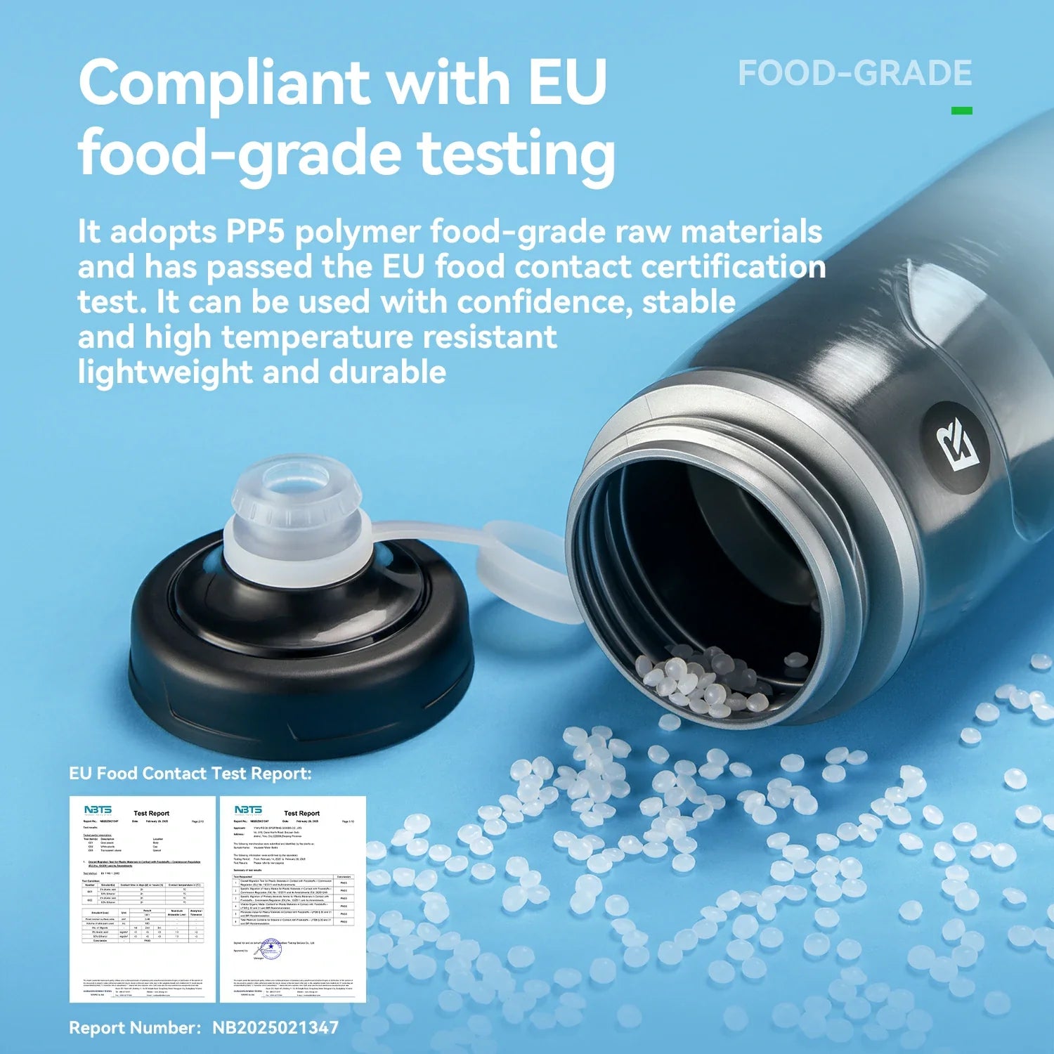 Food-grade water bottle with text about EU food-grade testing on a blue background