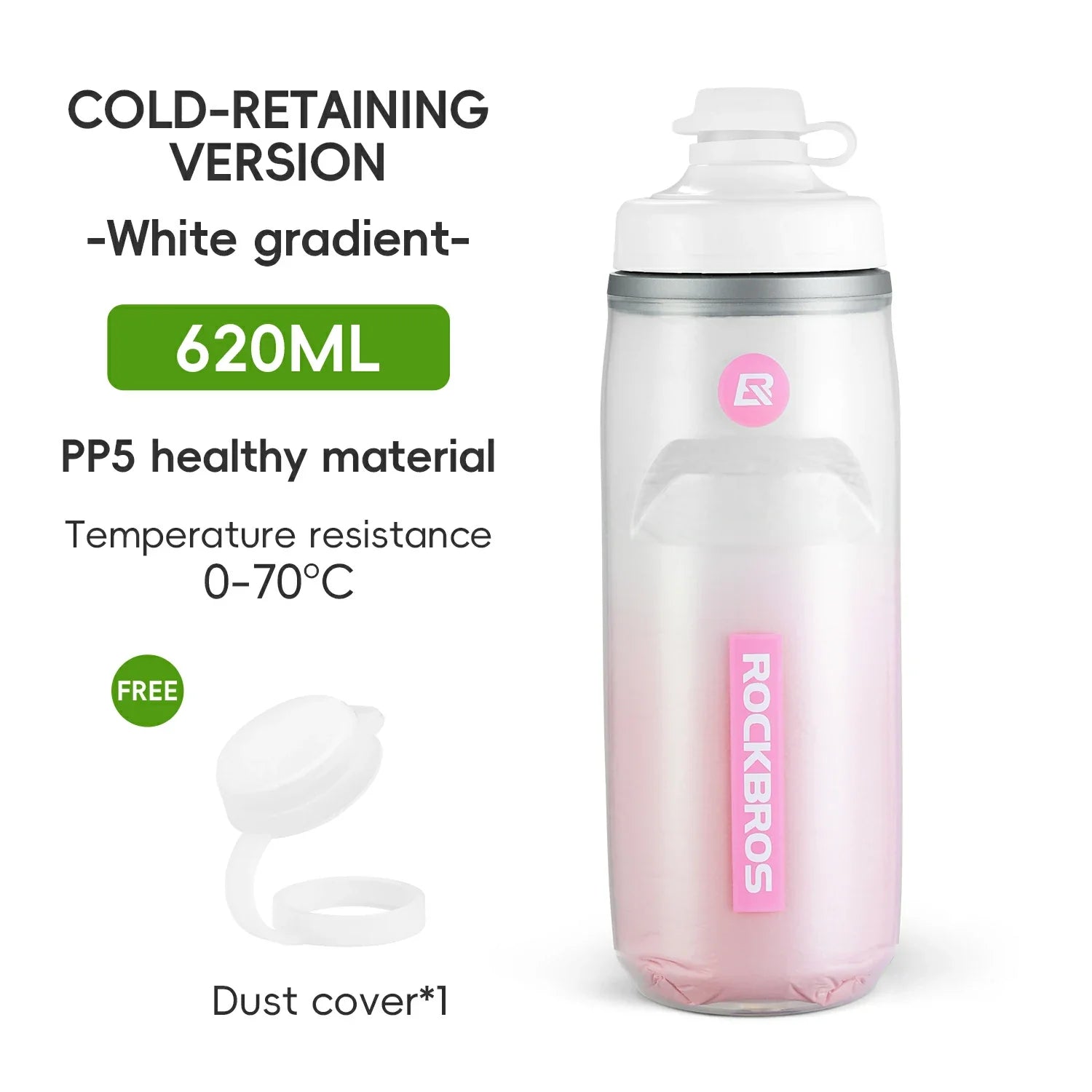 A 620ml cold-retaining water bottle with a white-to-pink gradient design, shown on a white background with product text and a separate white dust cover.#Color_White
