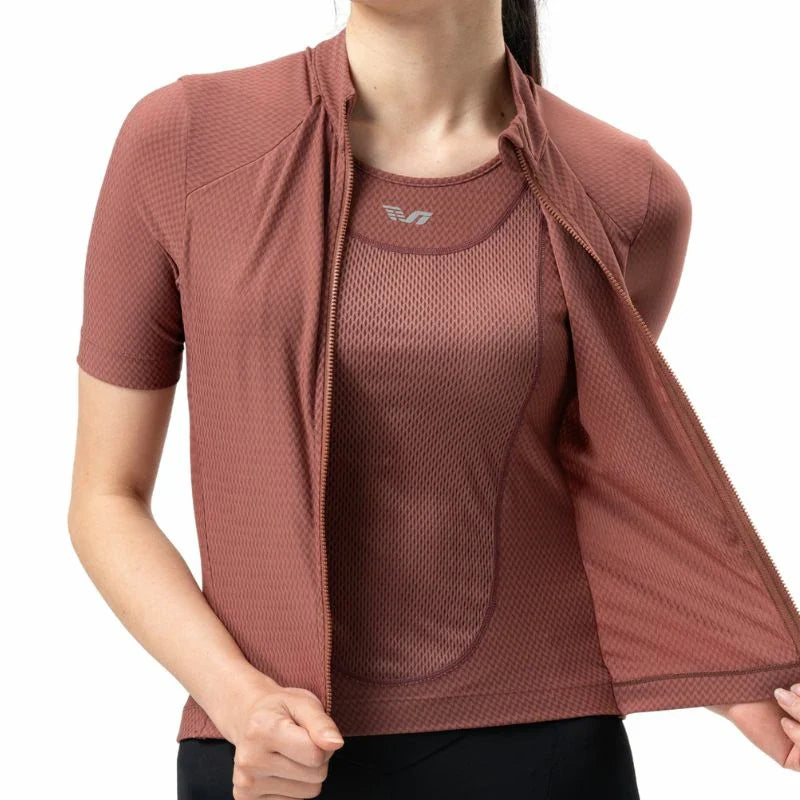 Brown athletic jacket with a brand logo worn by a person on a white background  #Color_Red