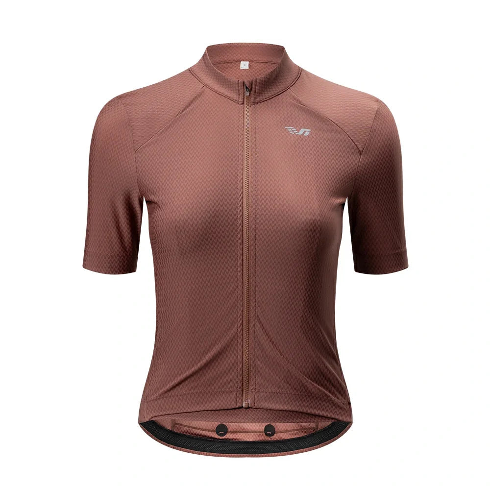 Brown cycling jersey with a brand logo on a white background  #Color_Red