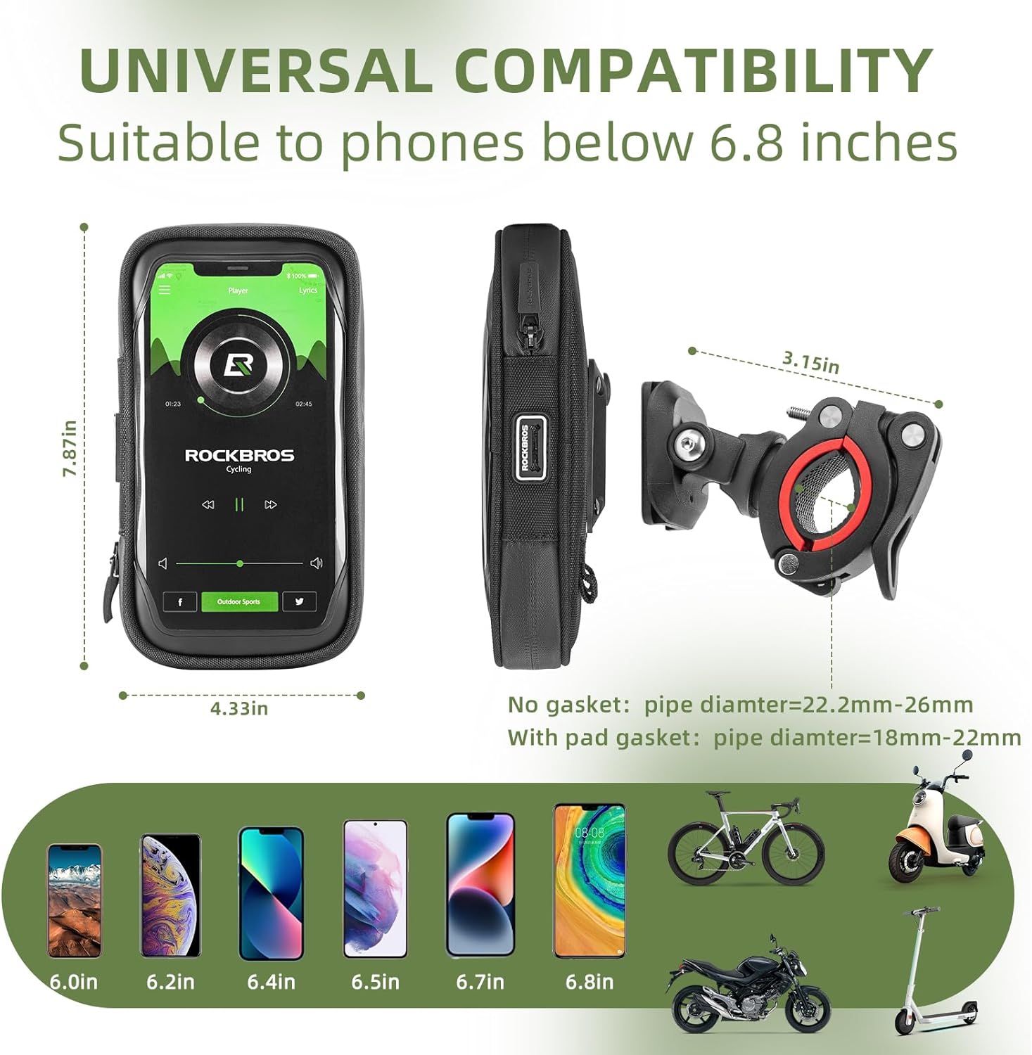 ROCKBROS Motorcycle Phone Mount Waterproof Handlebar Bag Phones Below 6.8” - ROCKBROS