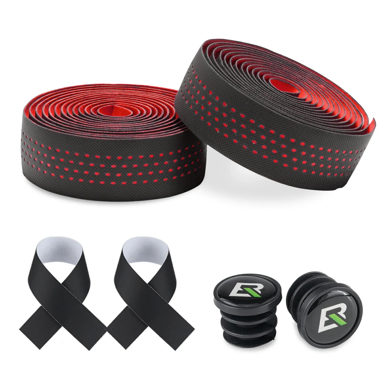 Bicycle handlebar tape with red and black pattern, two black straps, and two black bar ends on a white background. #Color_Red