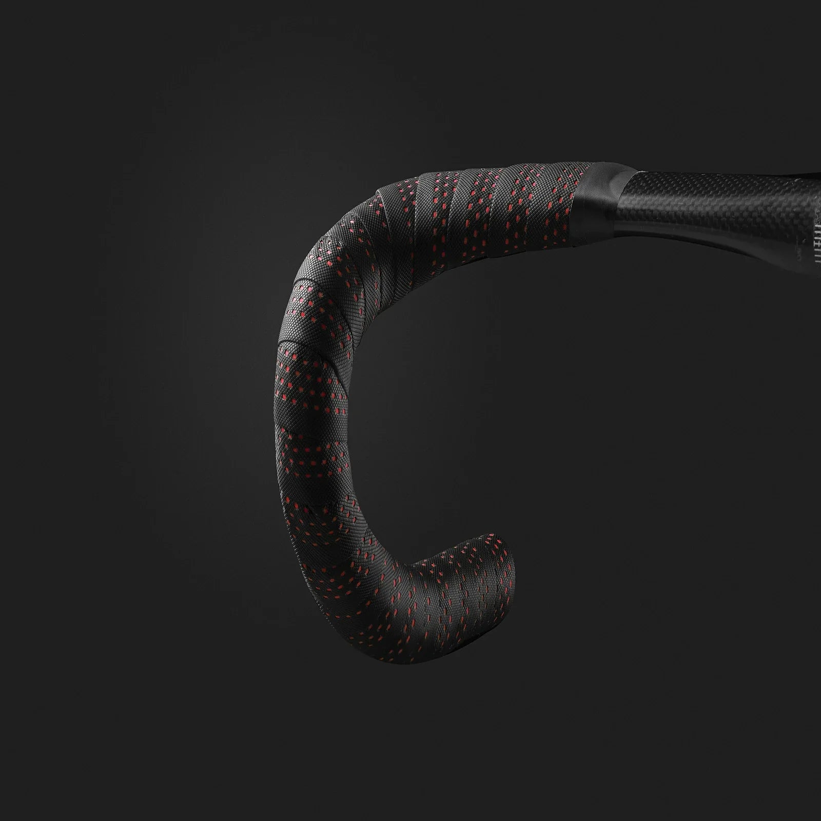 A close-up of a bicycle handlebar wrapped in black tape with small orange stitched details, set against a dark gray background. #Color_Red
