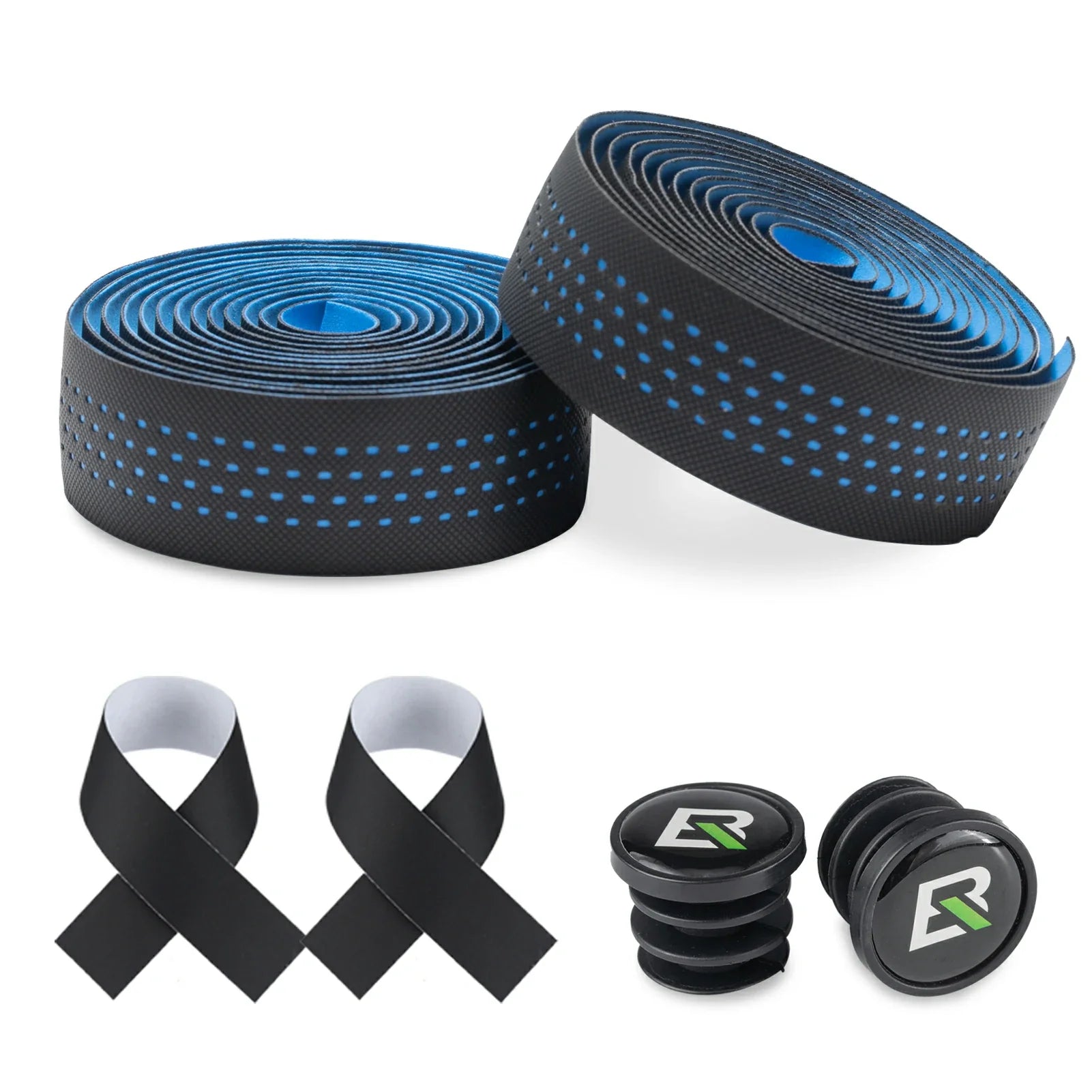 Two rolls of black bicycle handlebar tape with blue dotted pattern, shown with two black tape wraps and two black end plugs on a white background. #Color_Blue