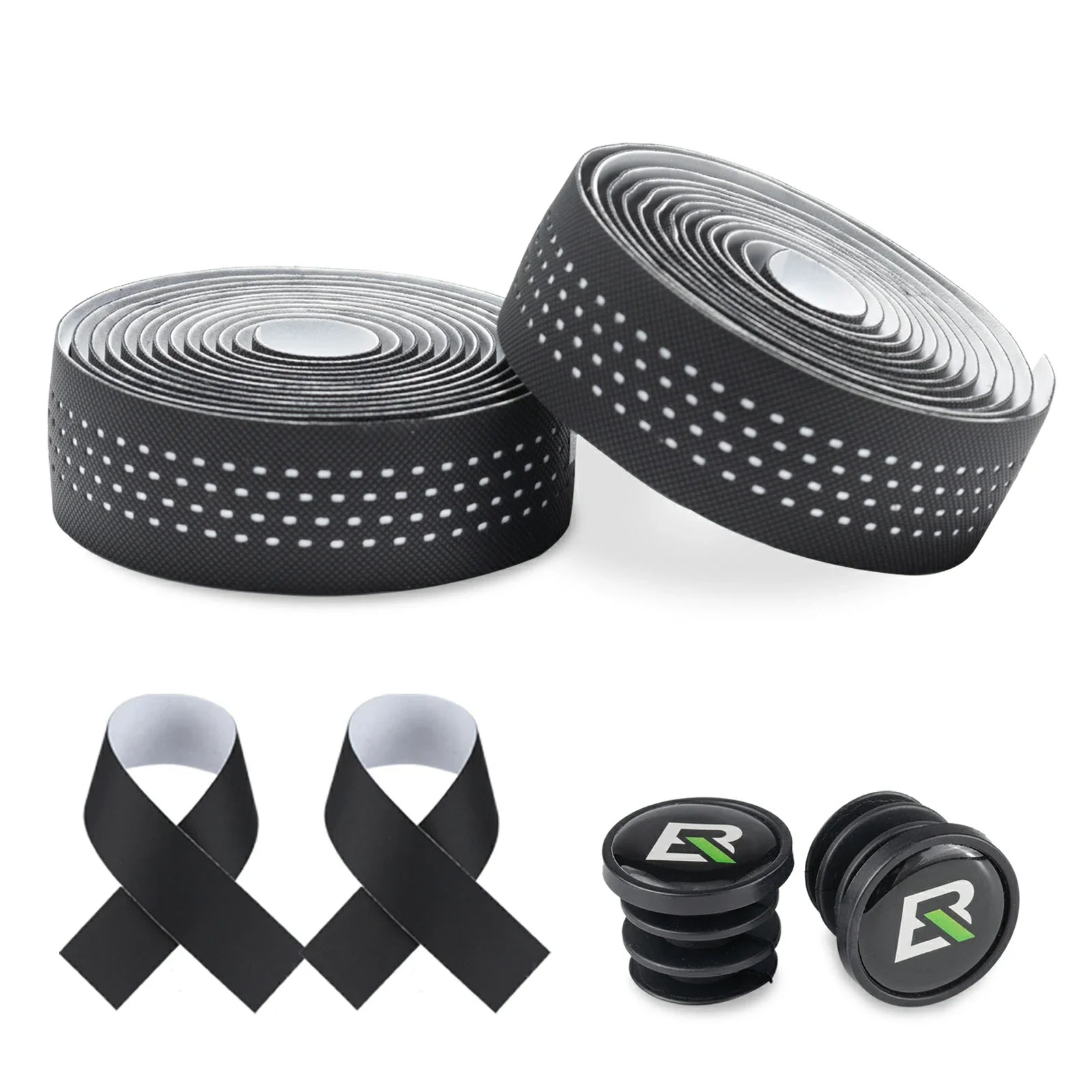 Two rolls of black tape with white dots, two black ribbons, and two black grips with logos on a white background. #Color_White