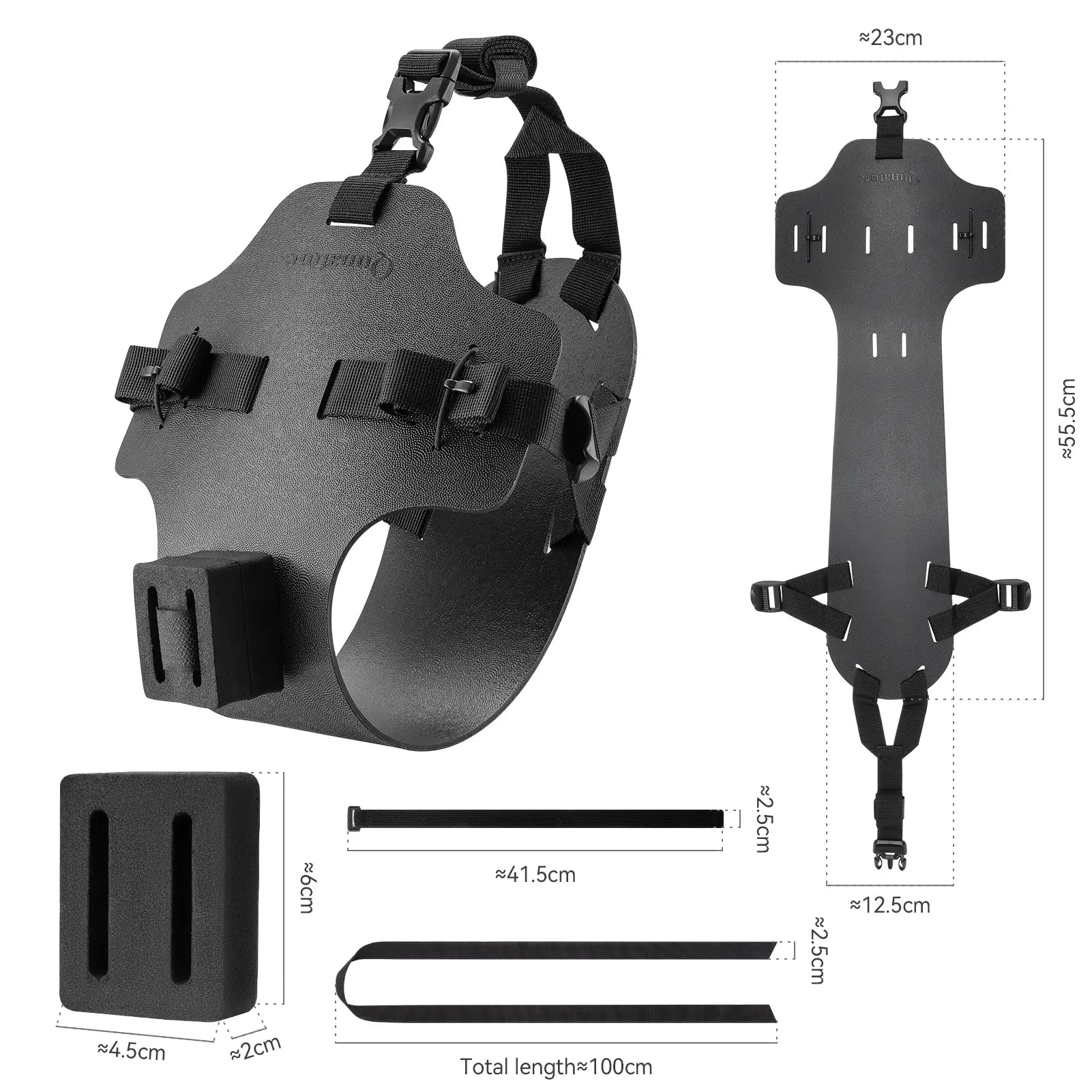 Black dog muzzle with measurement details on a white background