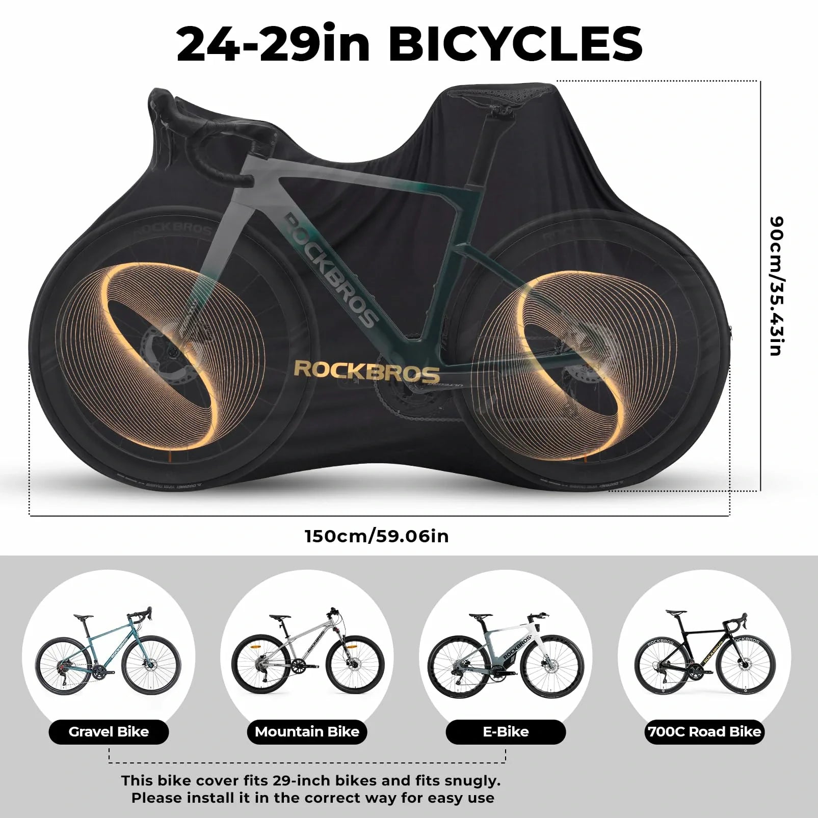 Black bicycle cover with 'RockBros' branding and specifications on a white background