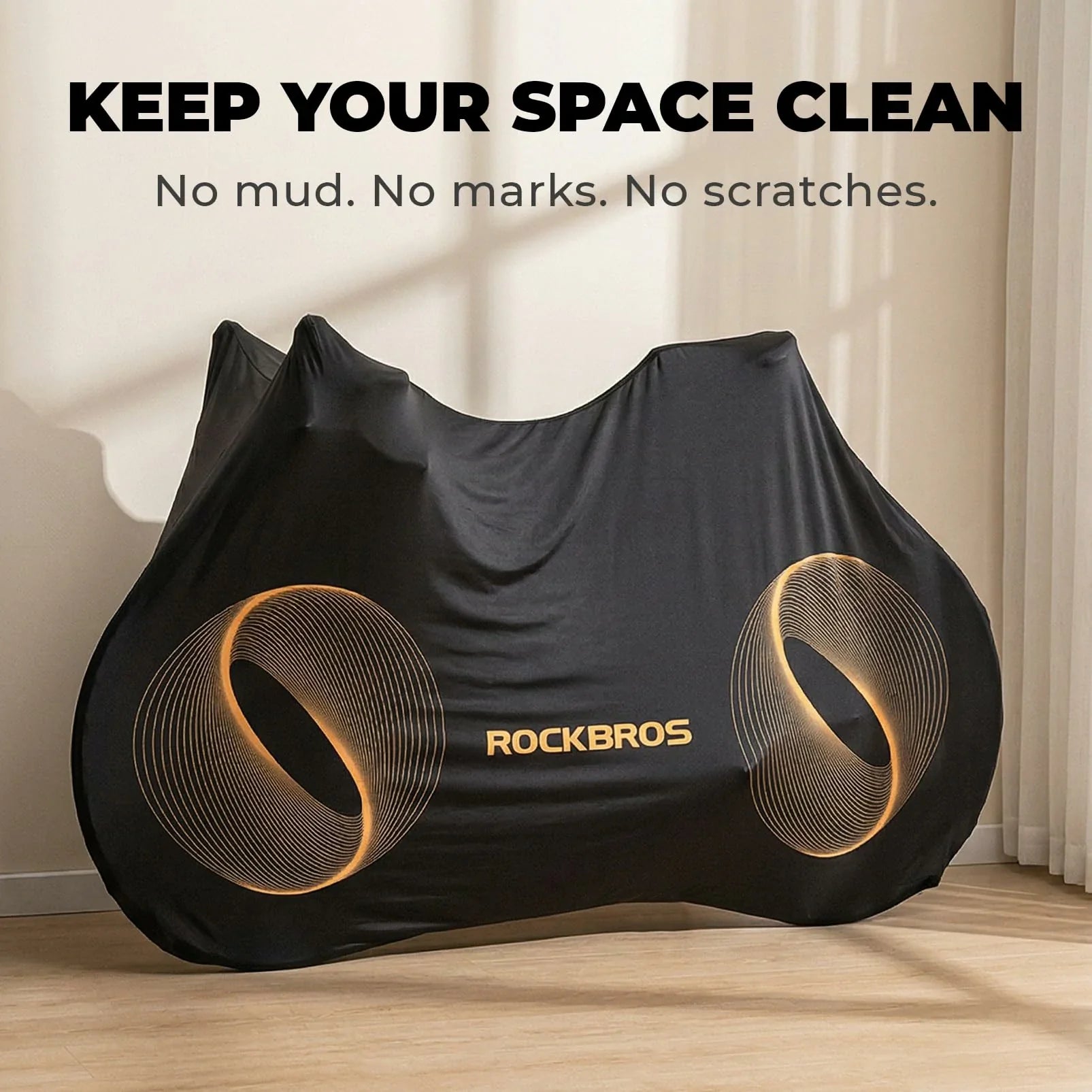 Black cover with 'RockBros' branding on a wooden floor.