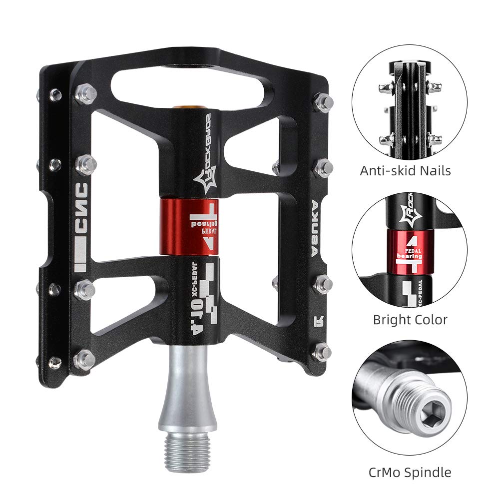 ROCKBROS 4 Bearings Mountain MTB Bike Pedals Platform Flat Aluminum Alloy 9/16" - ROCKBROS #color_Black