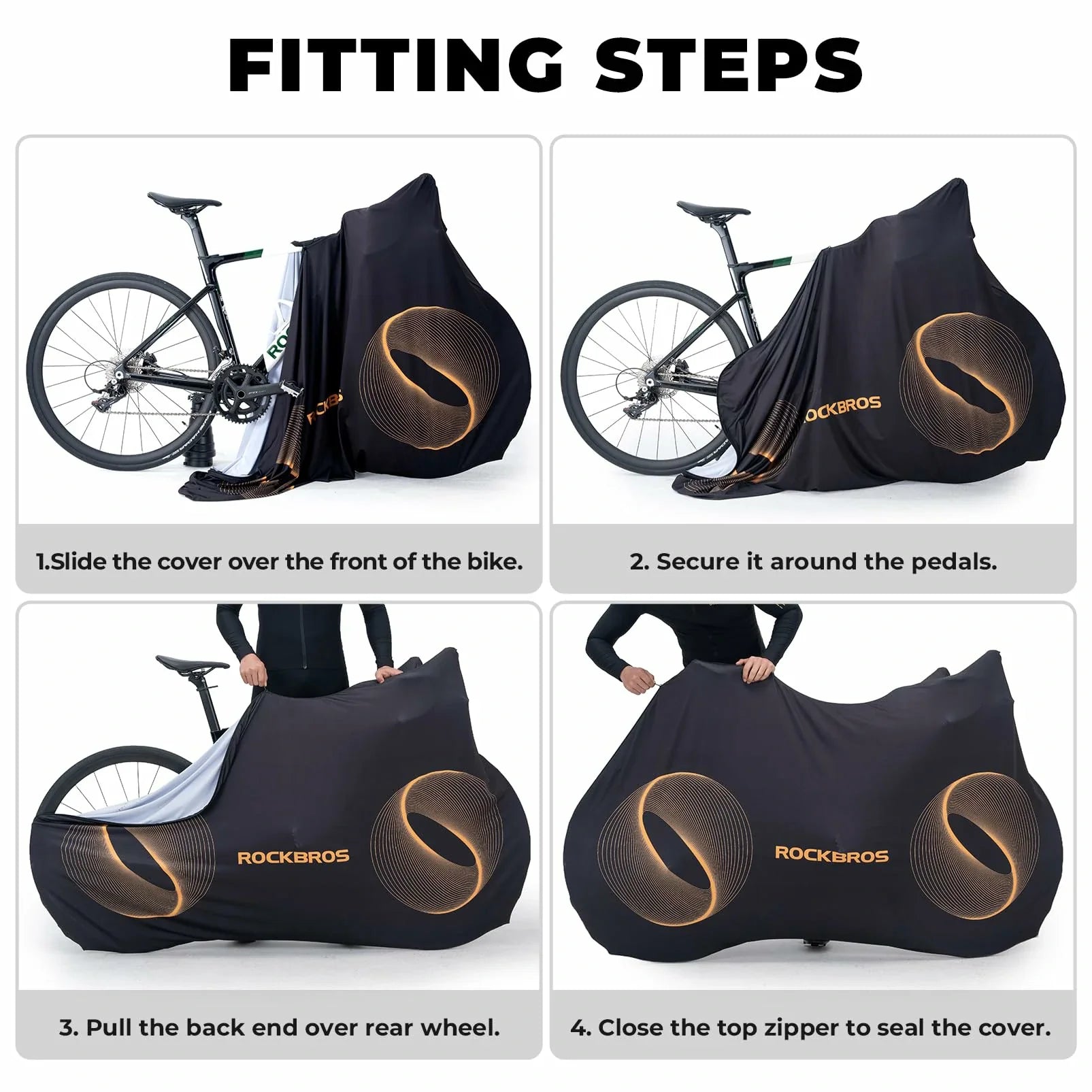Step-by-step guide on how to fit a bicycle cover with illustrations and text.