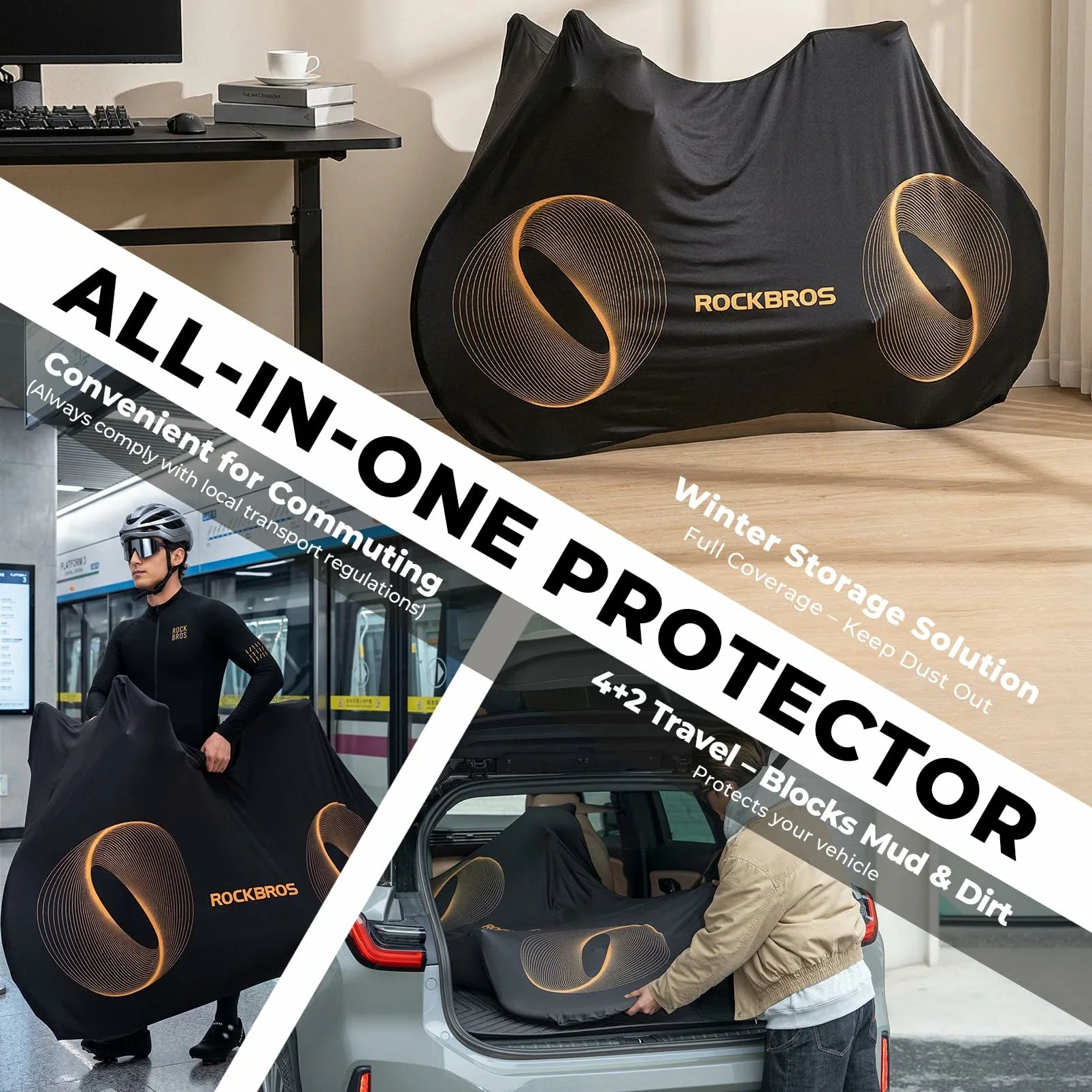 All-in-one protector with text describing its features, shown in various settings.