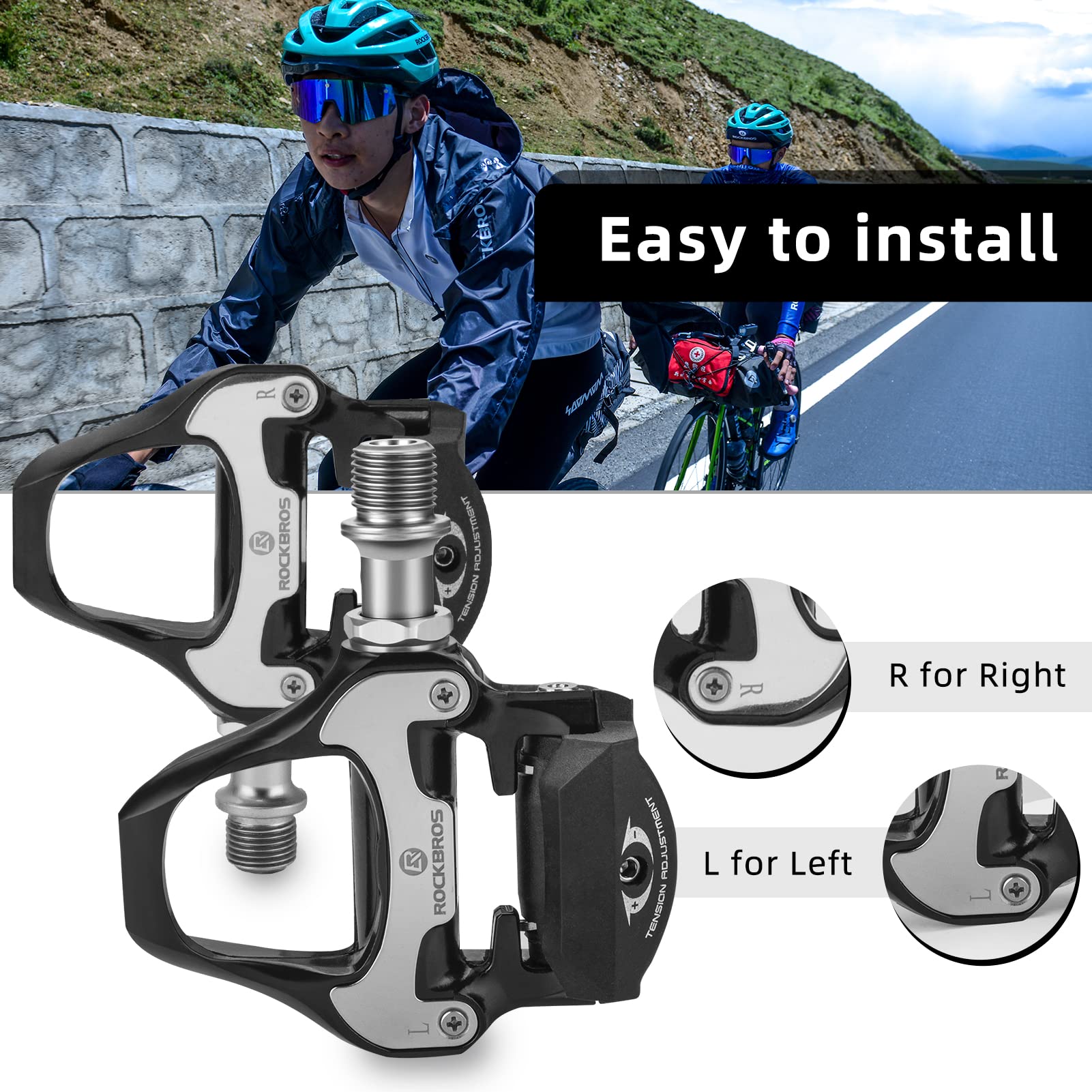 ROCKBROS Lightweight Clipless Pedals with Cleats Compatible with SPD-SL - ROCKBROS #color_Black-alloy body