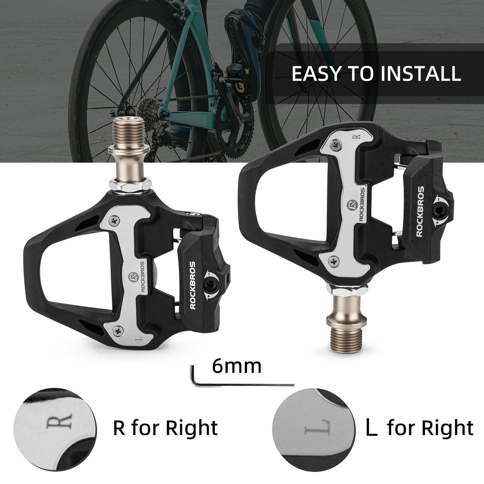 ROCKBROS Lightweight Clipless Pedals with Cleats Compatible with SPD-SL - ROCKBROS #color_Black-nylon body