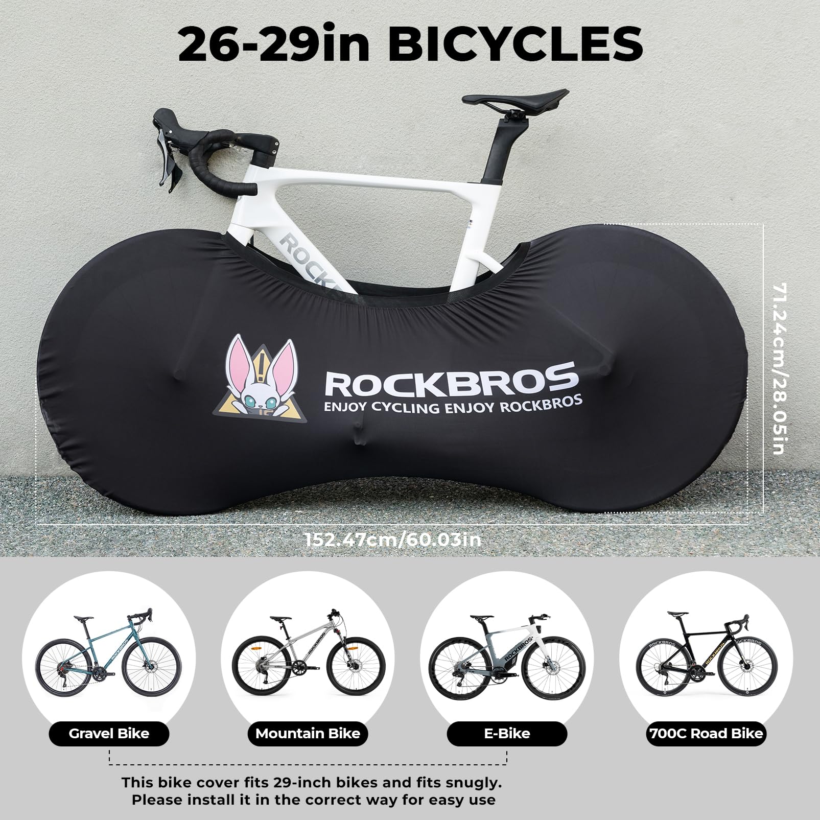 Black bicycle cover with RockBros branding and bike size information on a gray background #Color_Black Rabbit