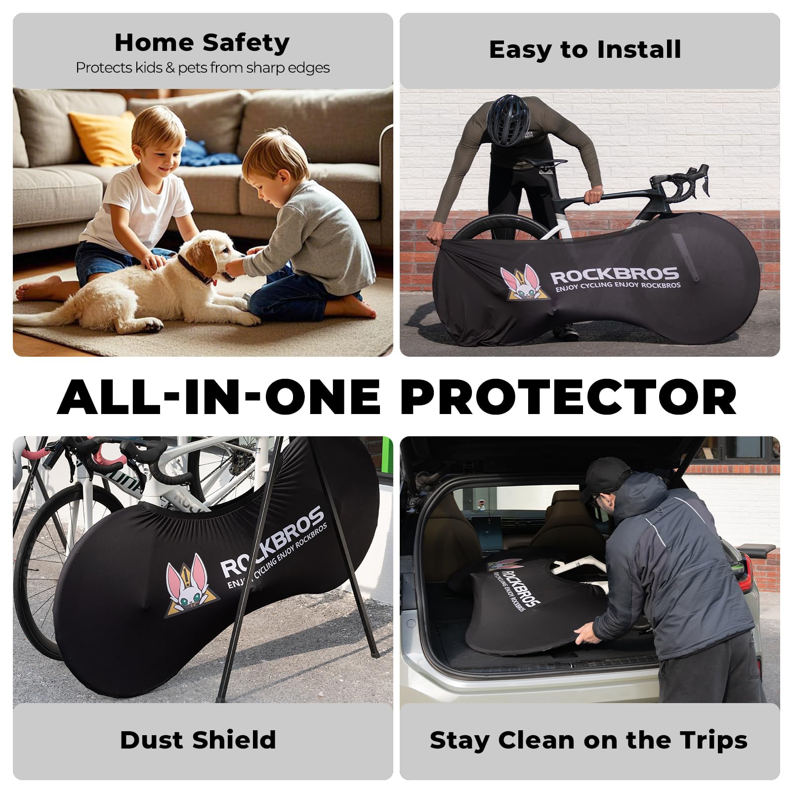 Collage of images showing the use of a 'RockBros' all-in-one protector for home safety, installation, and protection. #Color_Black Rabbit