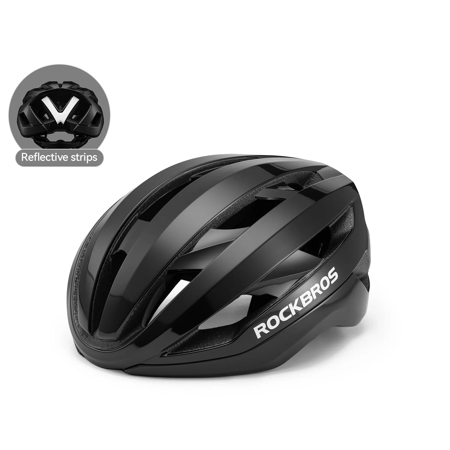 A black ROCKBROS bicycle helmet with multiple aerodynamic vents, featuring a white brand logo on the side. An inset circle in the upper left highlights reflective black strips inside the helmet. #Color_Black Reflective