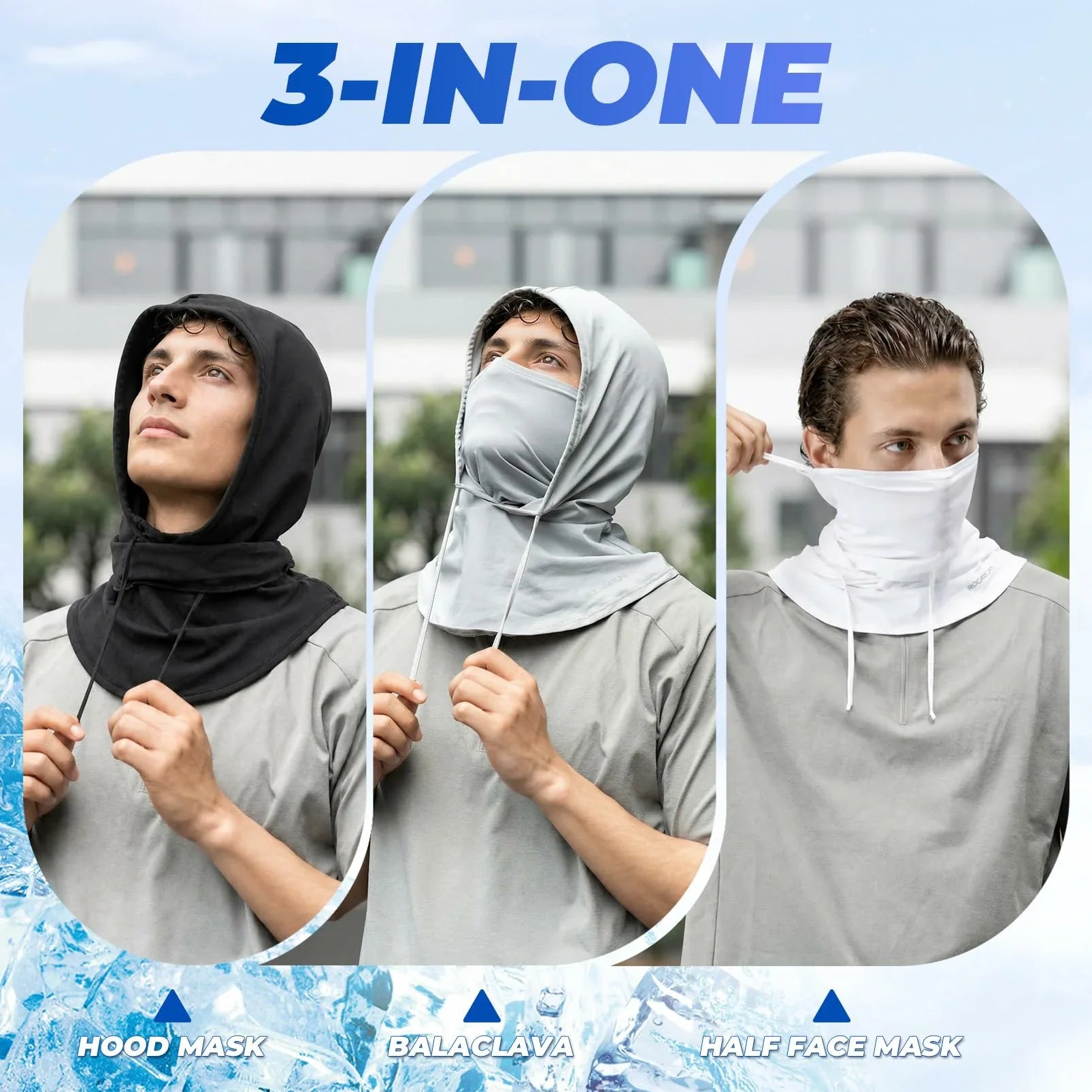 Three views of a person wearing a multifunctional face covering with text indicating '3-in-one' use.