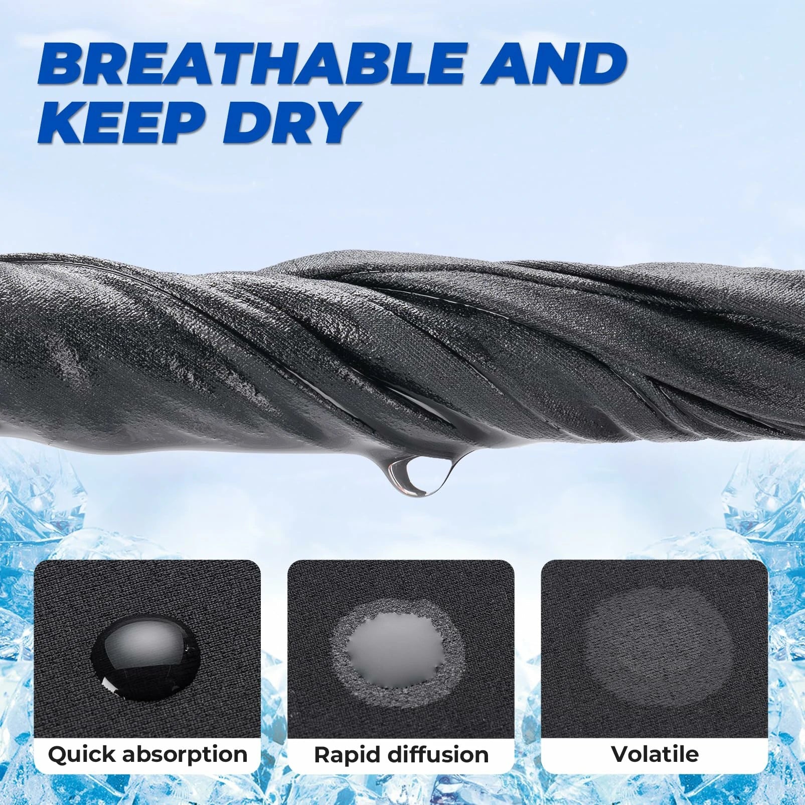 Text 'Breathable and Keep Dry' with a close-up of fabric and water droplet, labeled 'Quick absorption', 'Rapid diffusion', and 'Volatile'.