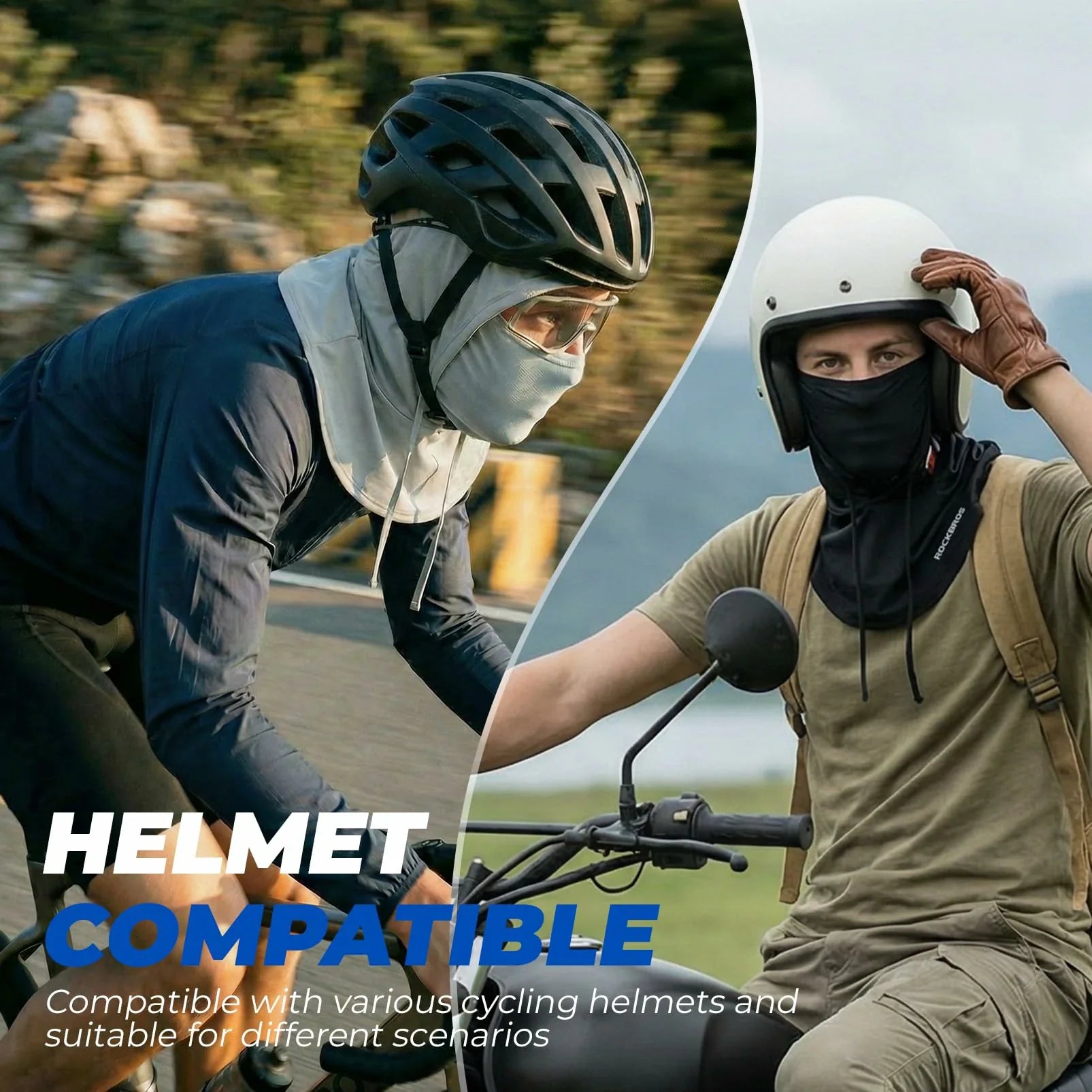Two people wearing helmets with text indicating compatibility with various cycling helmets.