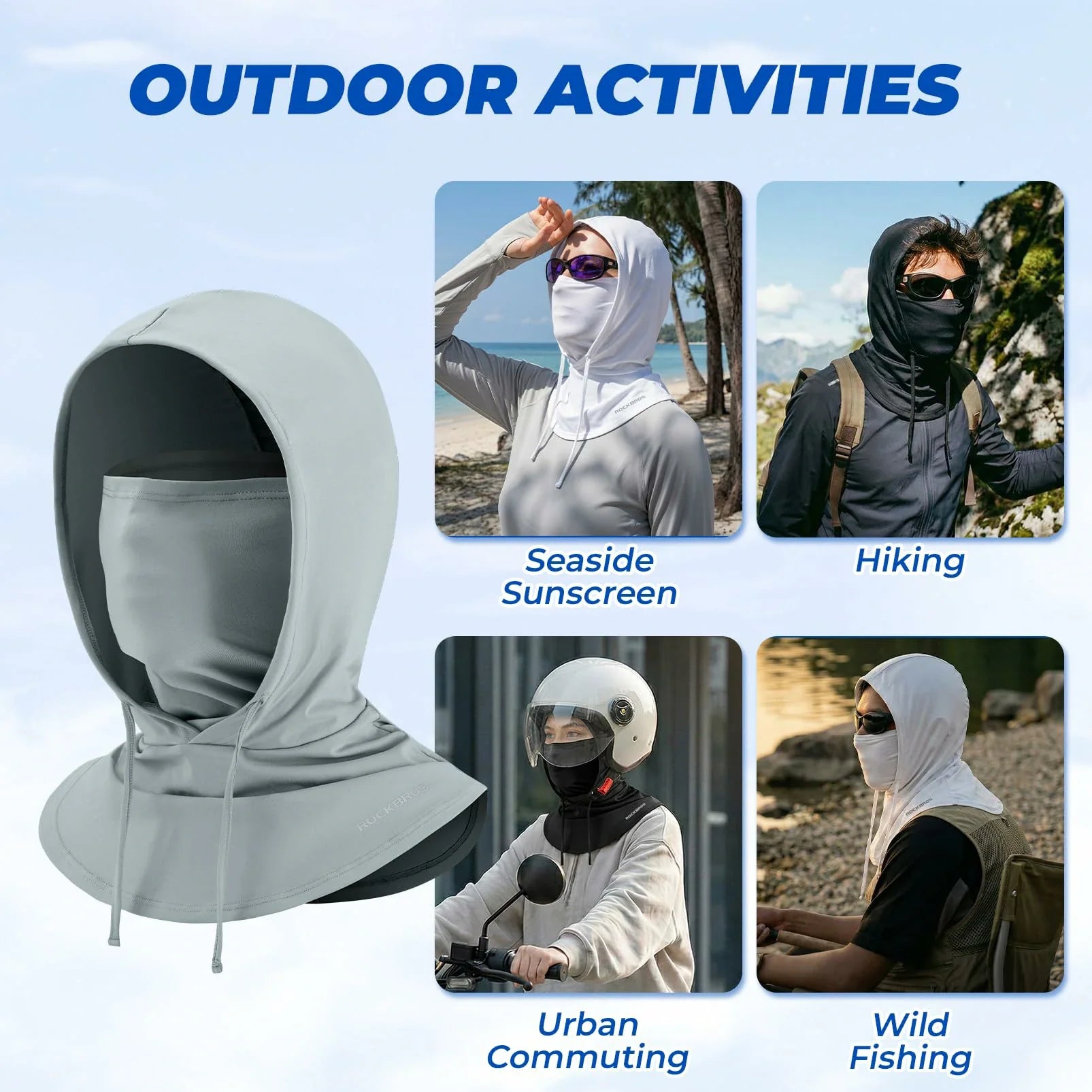 Product display with text 'Outdoor Activities' and images of people wearing a hooded product in various settings.