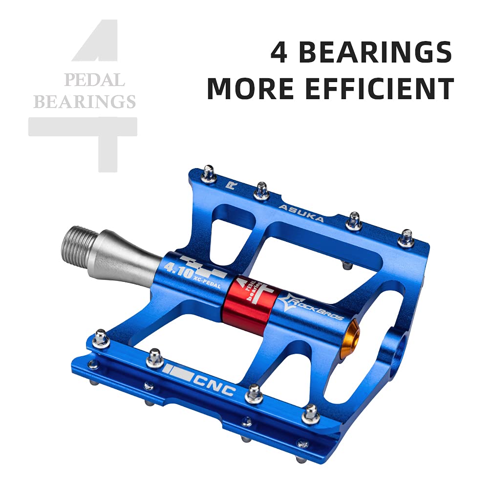 ROCKBROS 4 Bearings Mountain MTB Bike Pedals Platform Flat Aluminum Alloy 9/16" - ROCKBROS #color_Blue