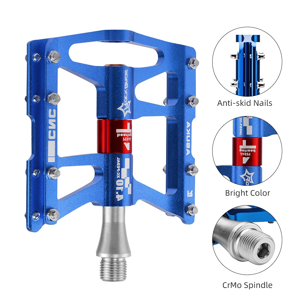 ROCKBROS 4 Bearings Mountain MTB Bike Pedals Platform Flat Aluminum Alloy 9/16" - ROCKBROS #color_Blue