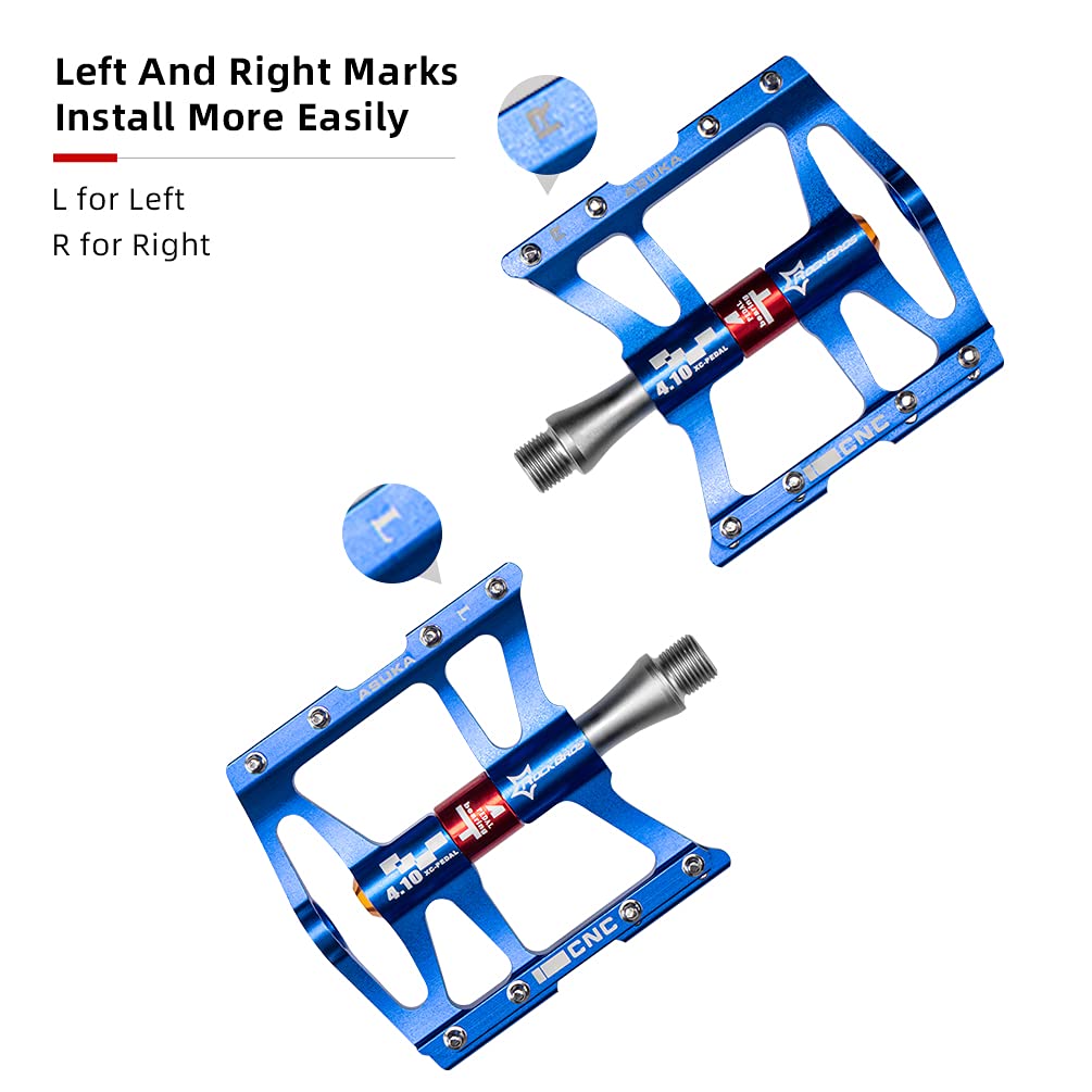 ROCKBROS 4 Bearings Mountain MTB Bike Pedals Platform Flat Aluminum Alloy 9/16" - ROCKBROS #color_Blue