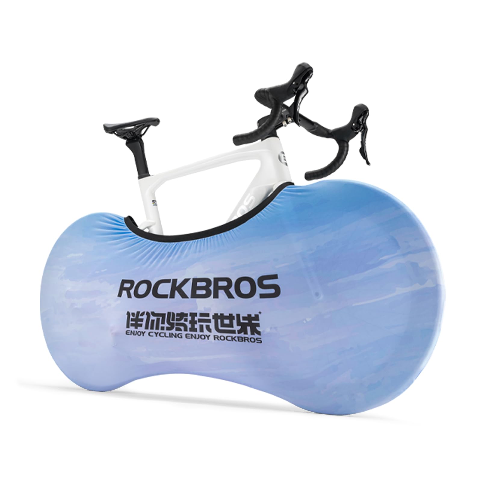 Blue bike cover with a bicycle on a white background, featuring the brand 'RockBros'. #Color_Blue Sky