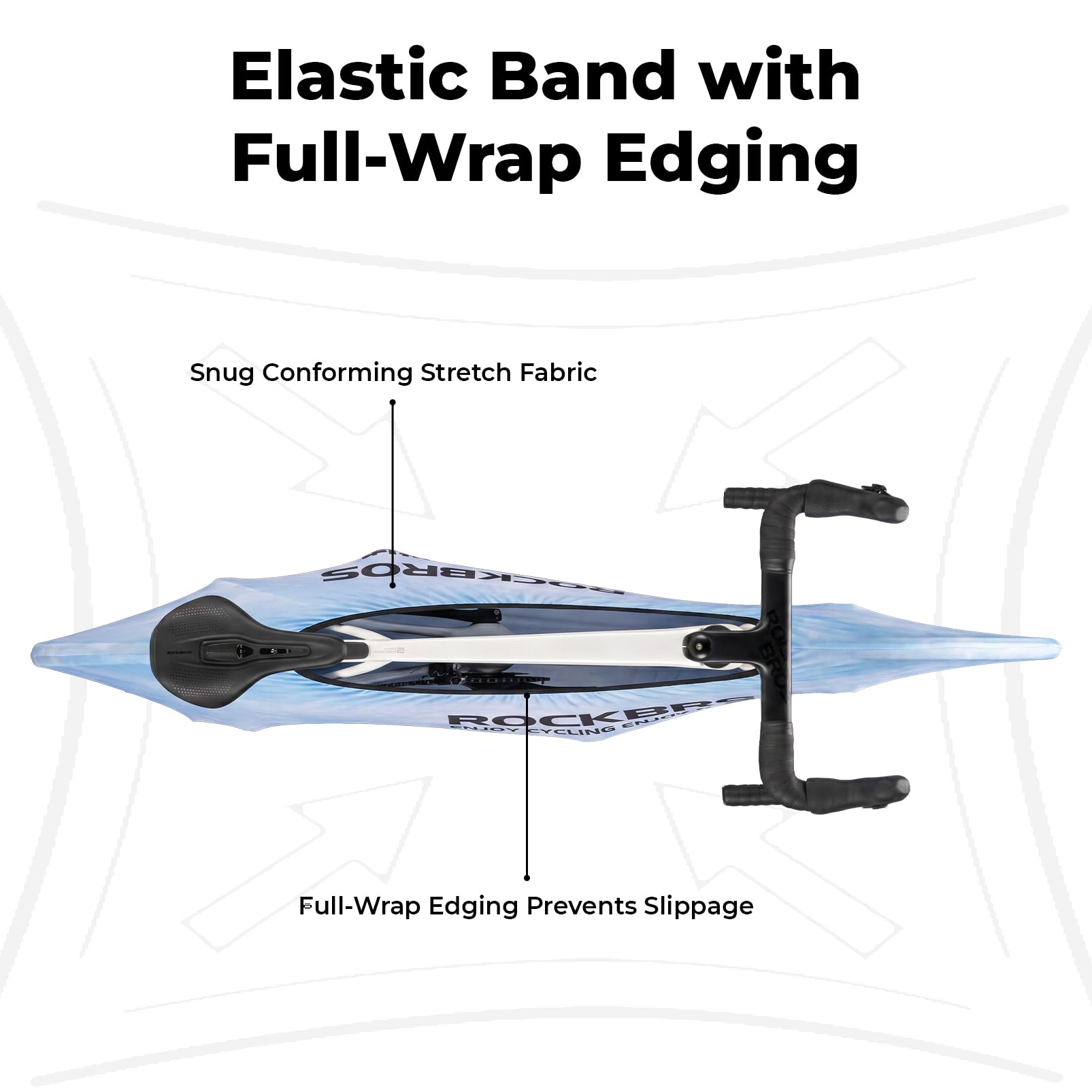 Diagram of a kayak with text describing features like an elastic band, snug conforming stretch fabric, and full-wrap edging. #Color_Blue Sky