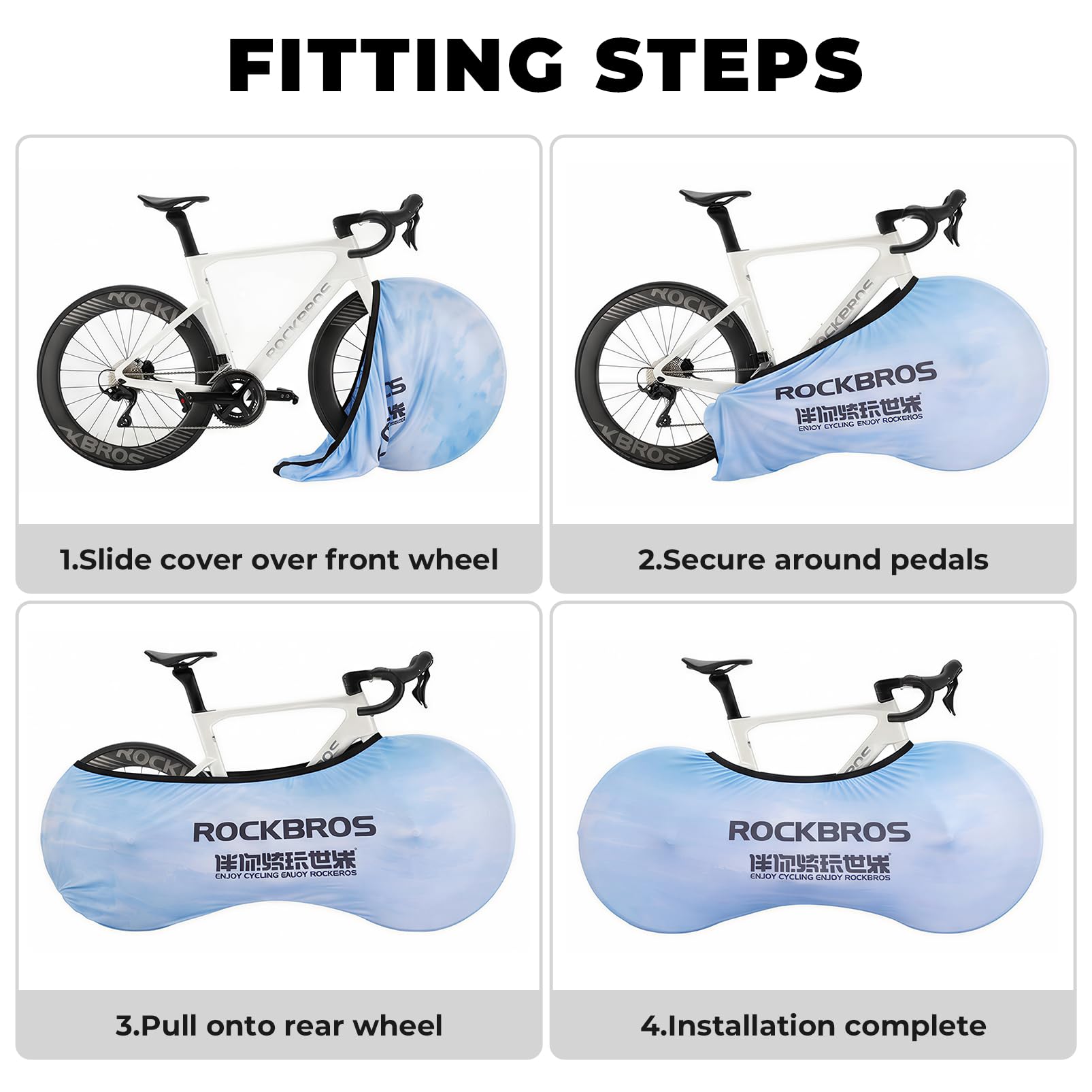 Step-by-step guide on how to fit a bicycle wheel cover with RockBros branding. #Color_Blue Sky