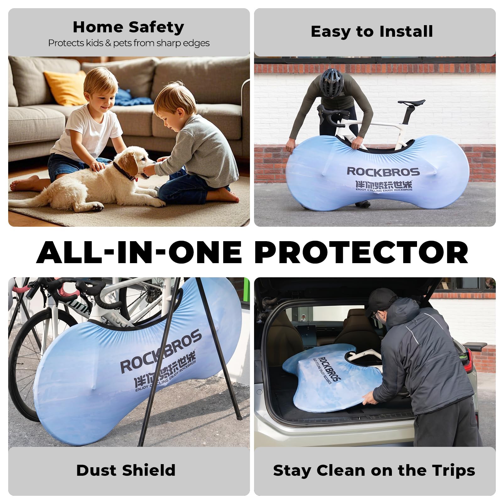 Collage of a product being used in various settings with text highlighting its features. #Color_Blue Sky