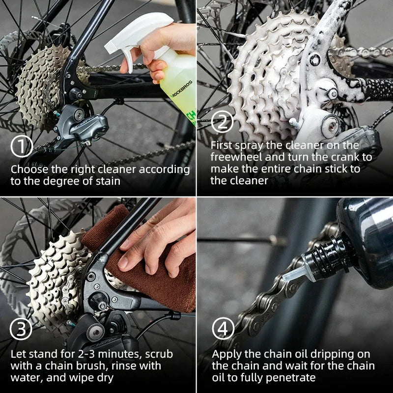 Step-by-step guide on cleaning and oiling a bicycle chain with images and text instructions.