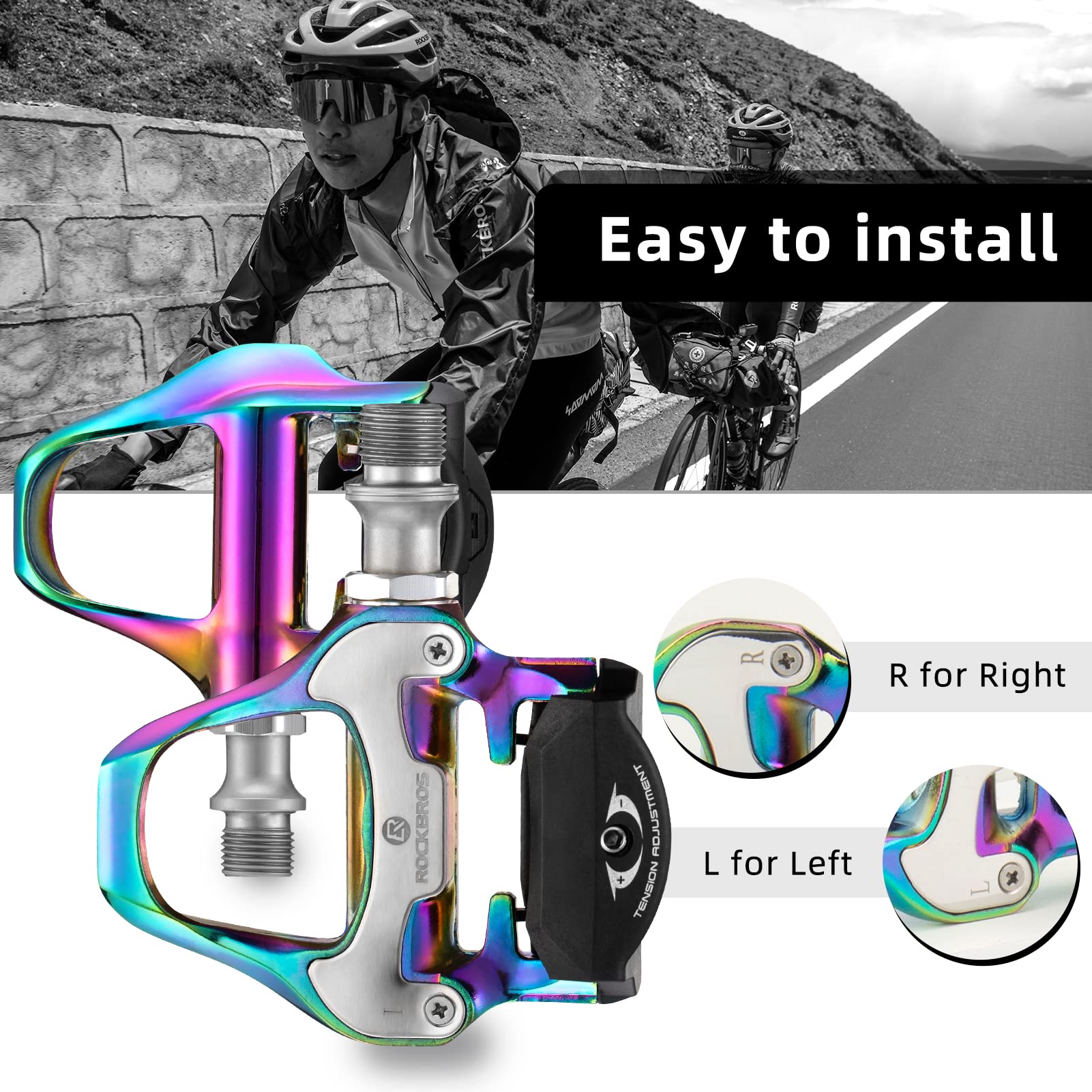 ROCKBROS Lightweight Clipless Pedals with Cleats Compatible with SPD-SL - ROCKBROS #color_Colorful-alloy body