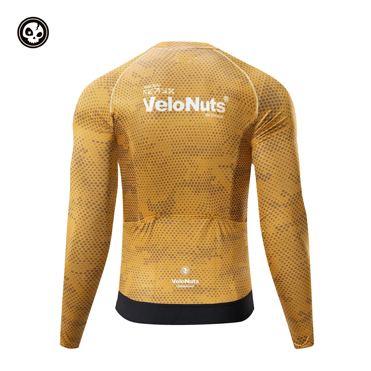 Yellow long-sleeve compression shirt with 'VeloNuts' branding on a white background  #color_yellow