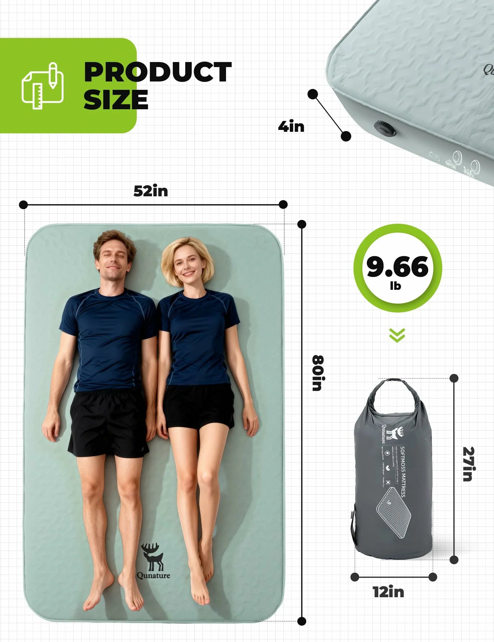 Inflatable mat with dimensions and weight displayed, showing two people lying on it.  #Size_full