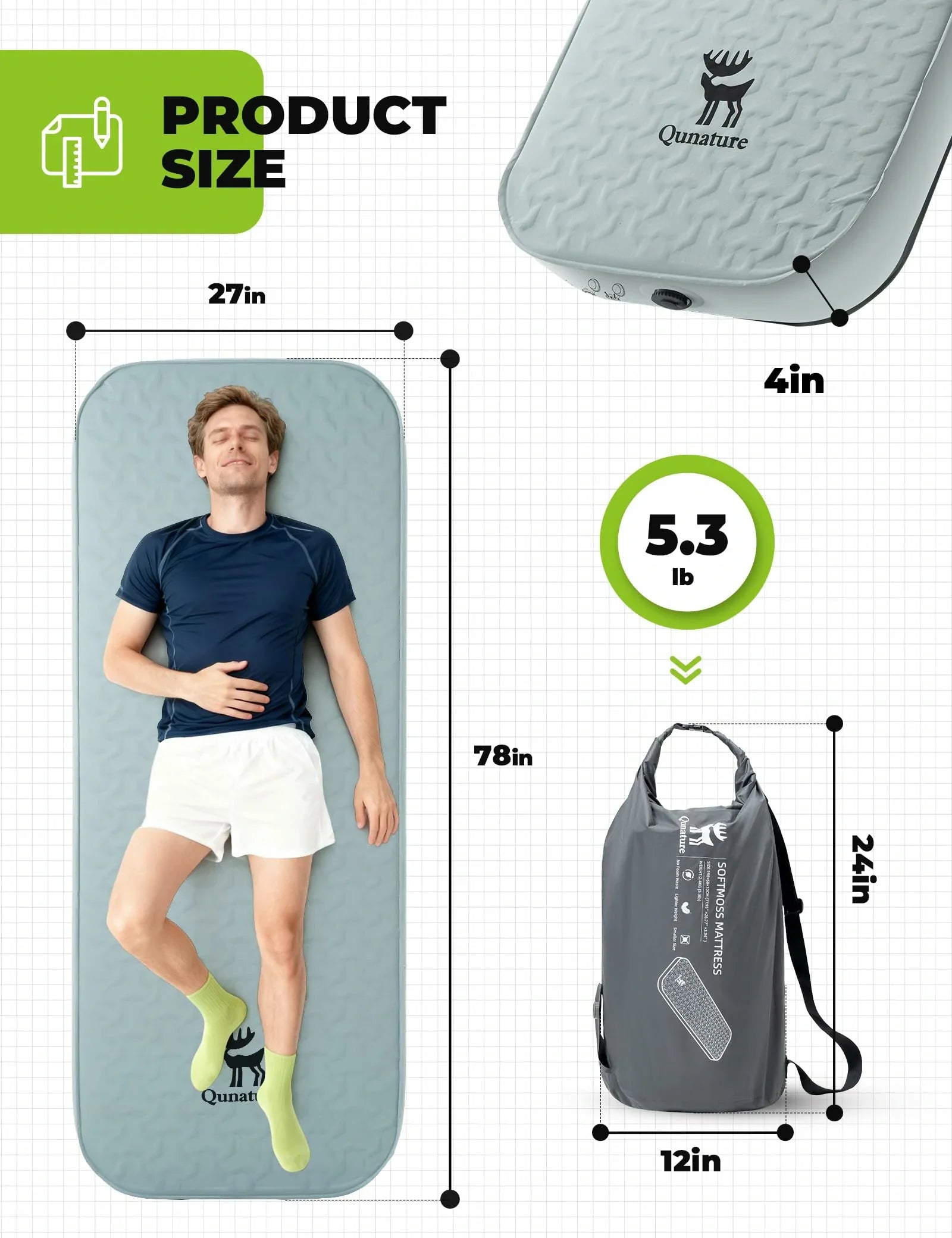 Inflatable camping mat with dimensions and weight displayed, featuring a person lying on it. #Size_Single