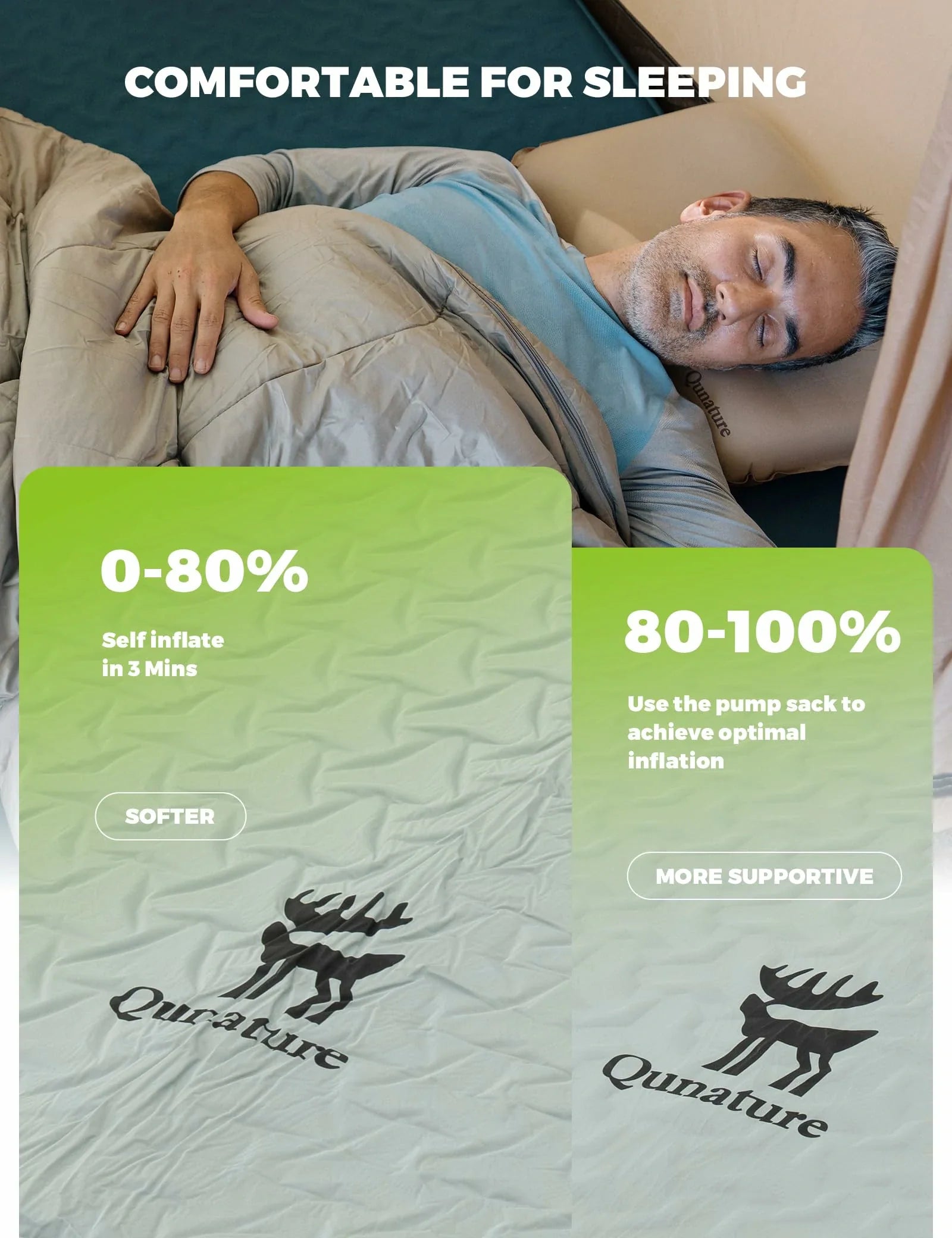 Person lying on a Qunature inflatable mattress with inflation instructions displayed.